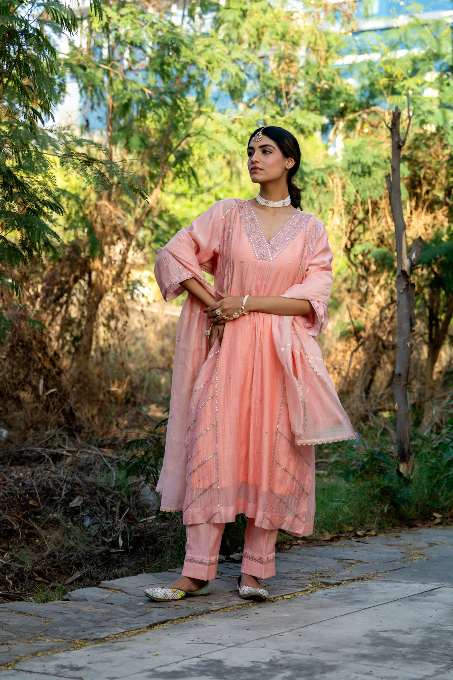 Pink Muk Chanderi V neck Gota Kurta Set