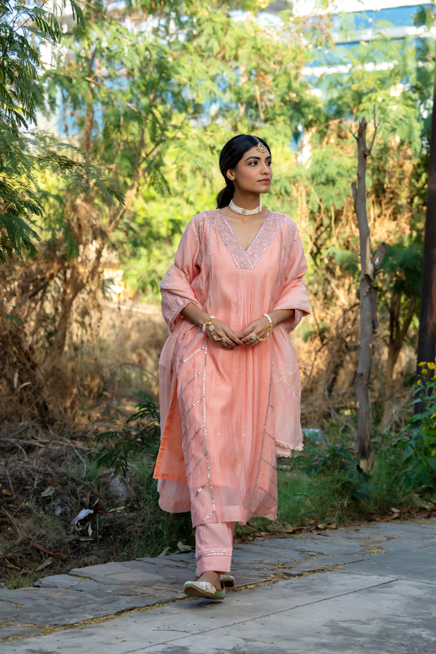 Pink Muk Chanderi V neck Gota Kurta Set