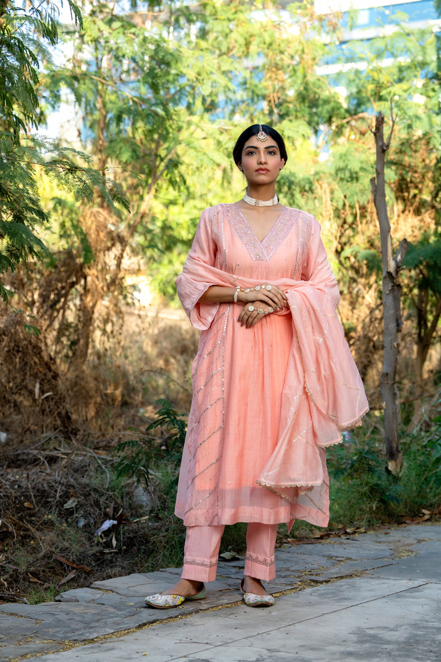 Pink Muk Chanderi V neck Gota Kurta Set