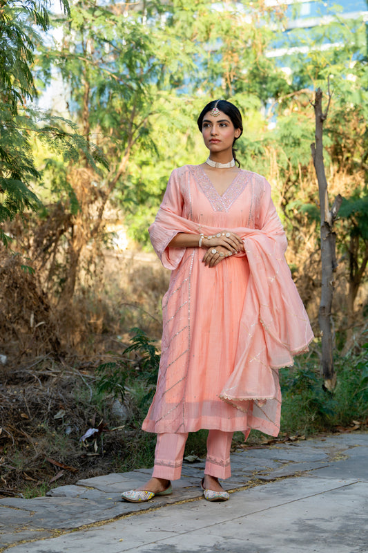 Pink Muk Chanderi V neck Gota Kurta Set