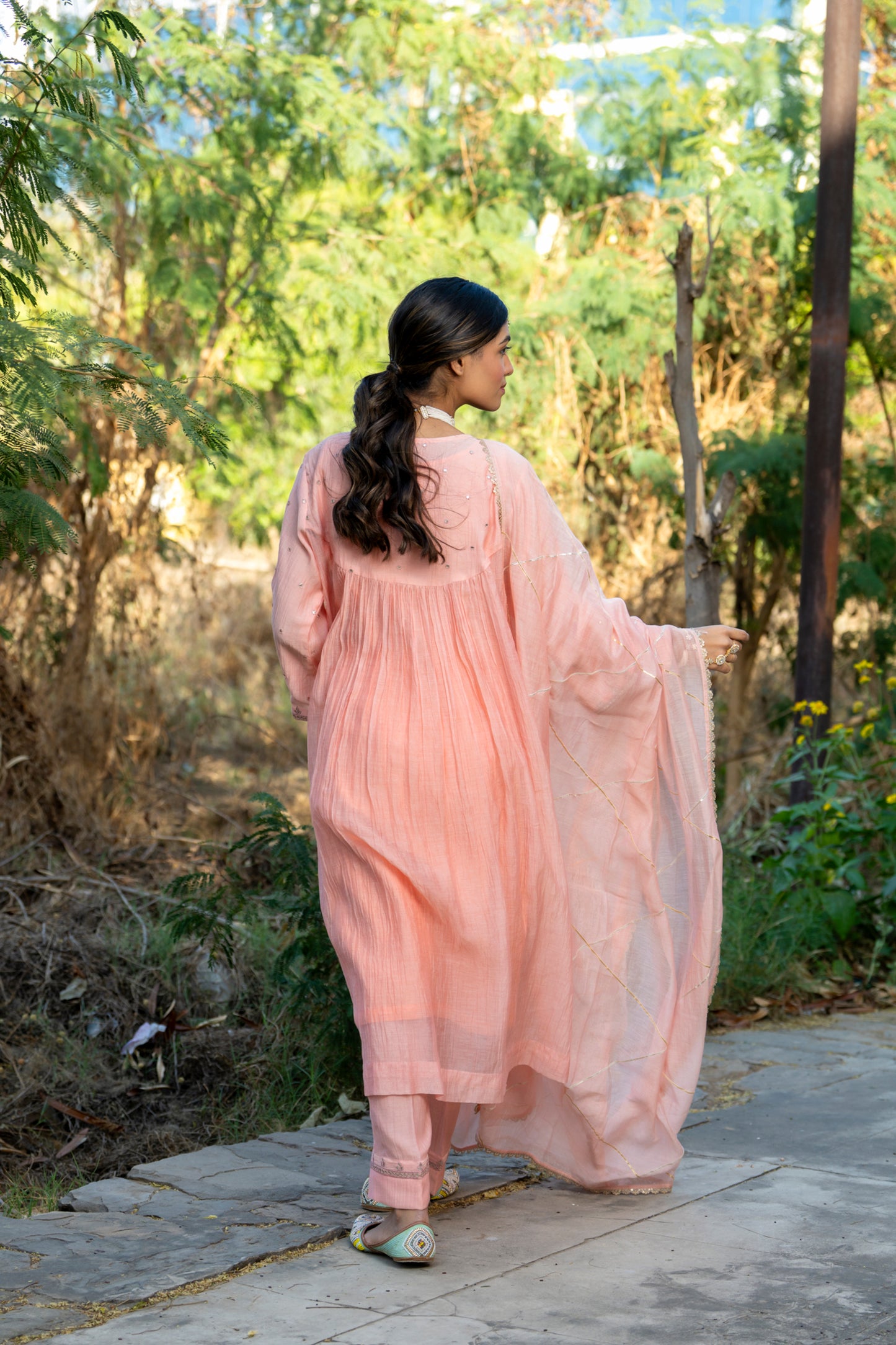 Pink Muk Chanderi V neck Gota Kurta Set