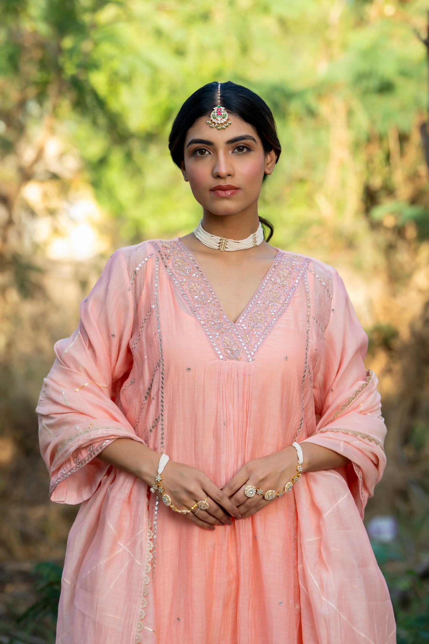 Pink Muk Chanderi V neck Gota Kurta Set