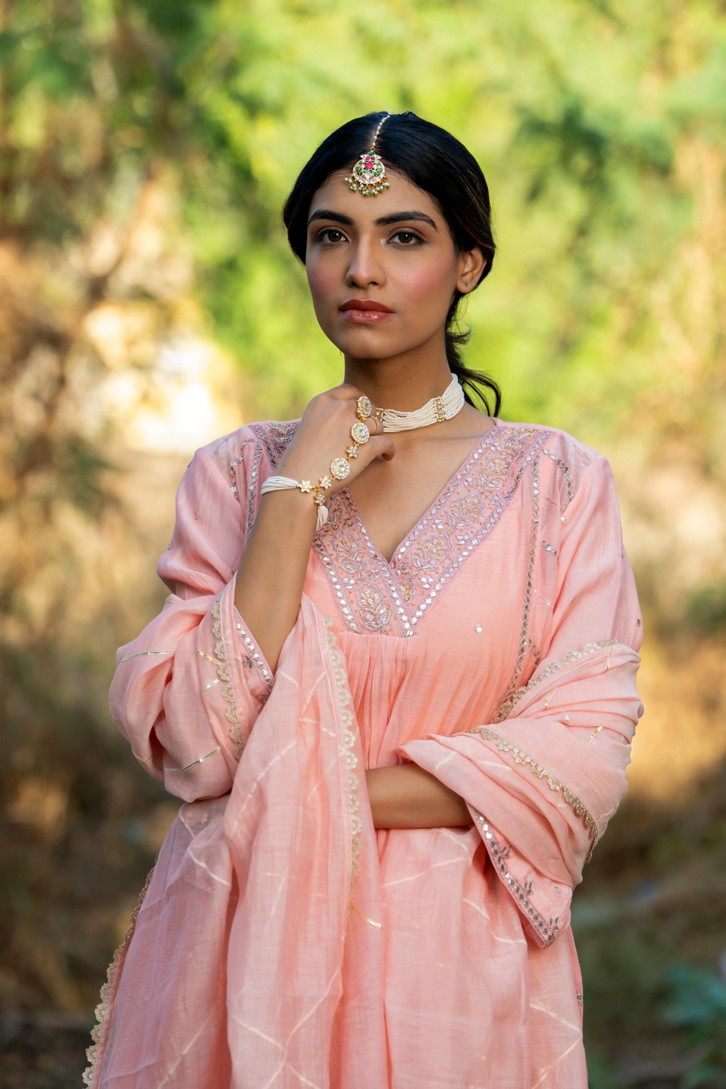 Pink Muk Chanderi V neck Gota Kurta Set