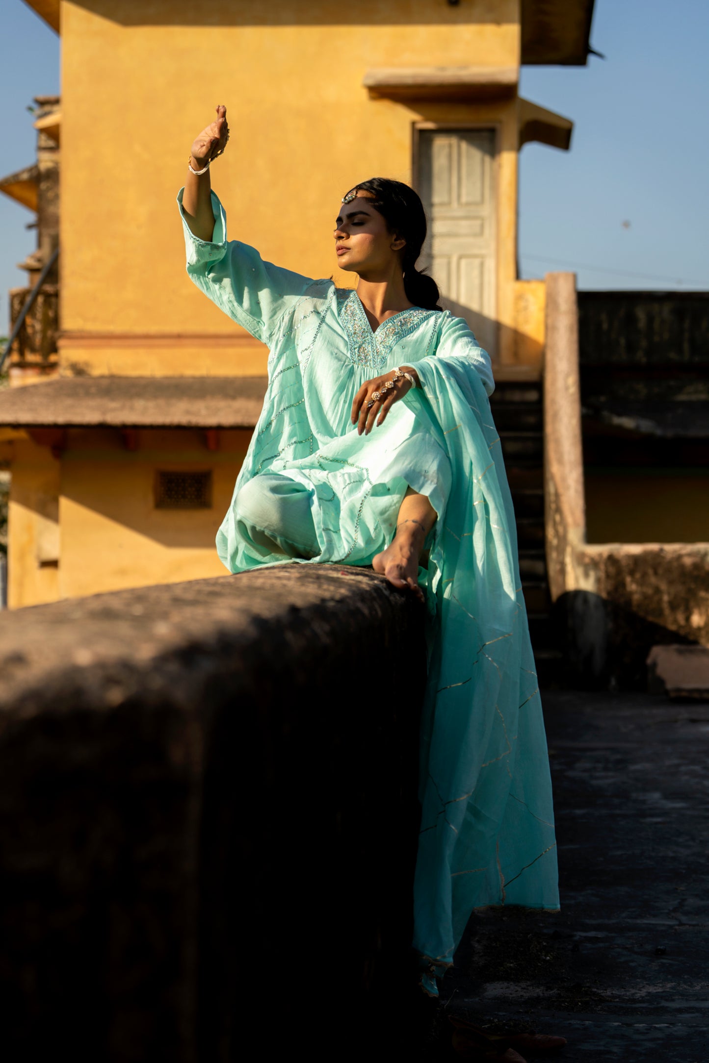 Blue Muk Chanderi V neck Gota Kurta Set