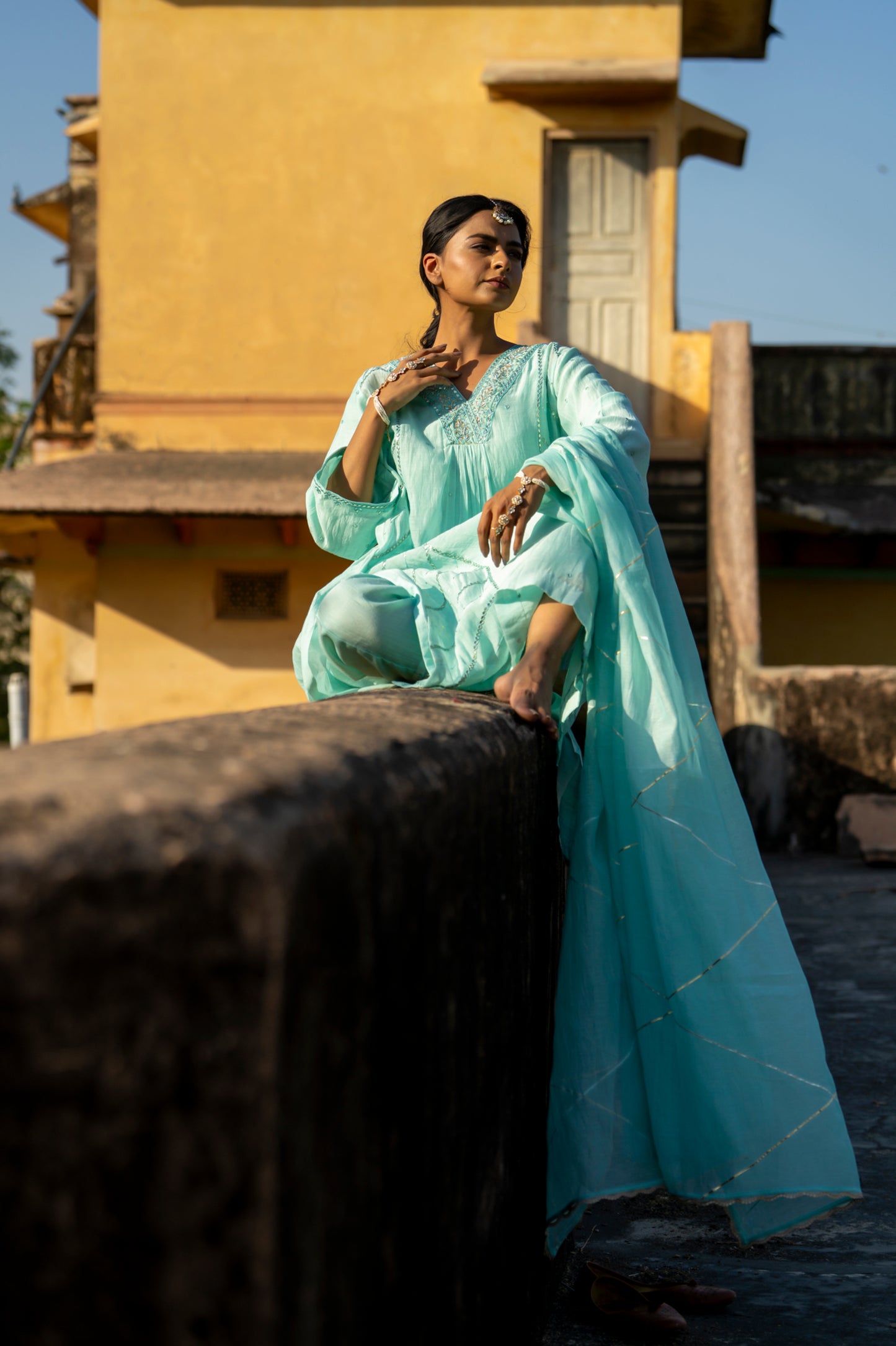 Blue Muk Chanderi V neck Gota Kurta Set