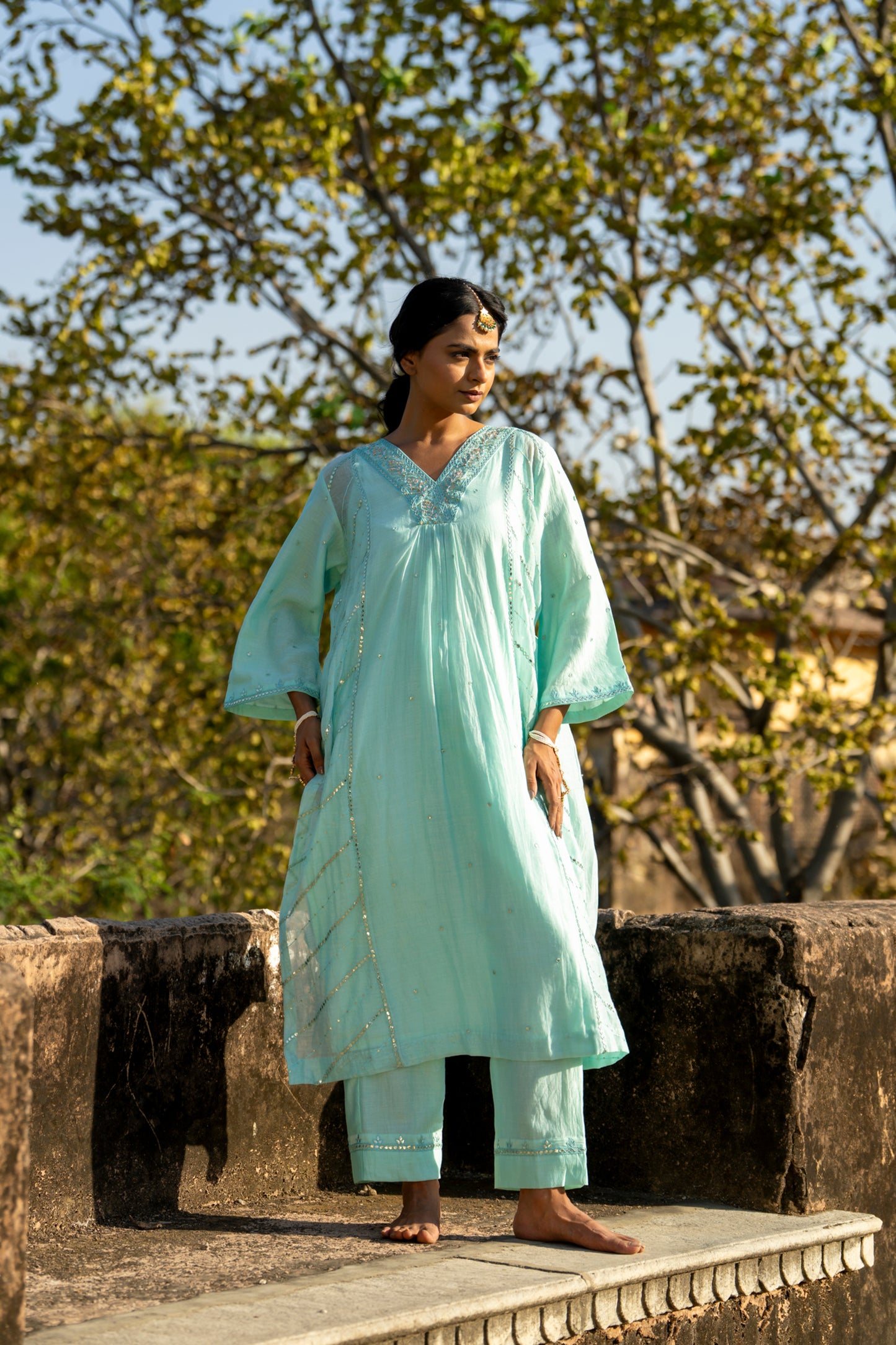 Blue Muk Chanderi V neck Gota Kurta Set