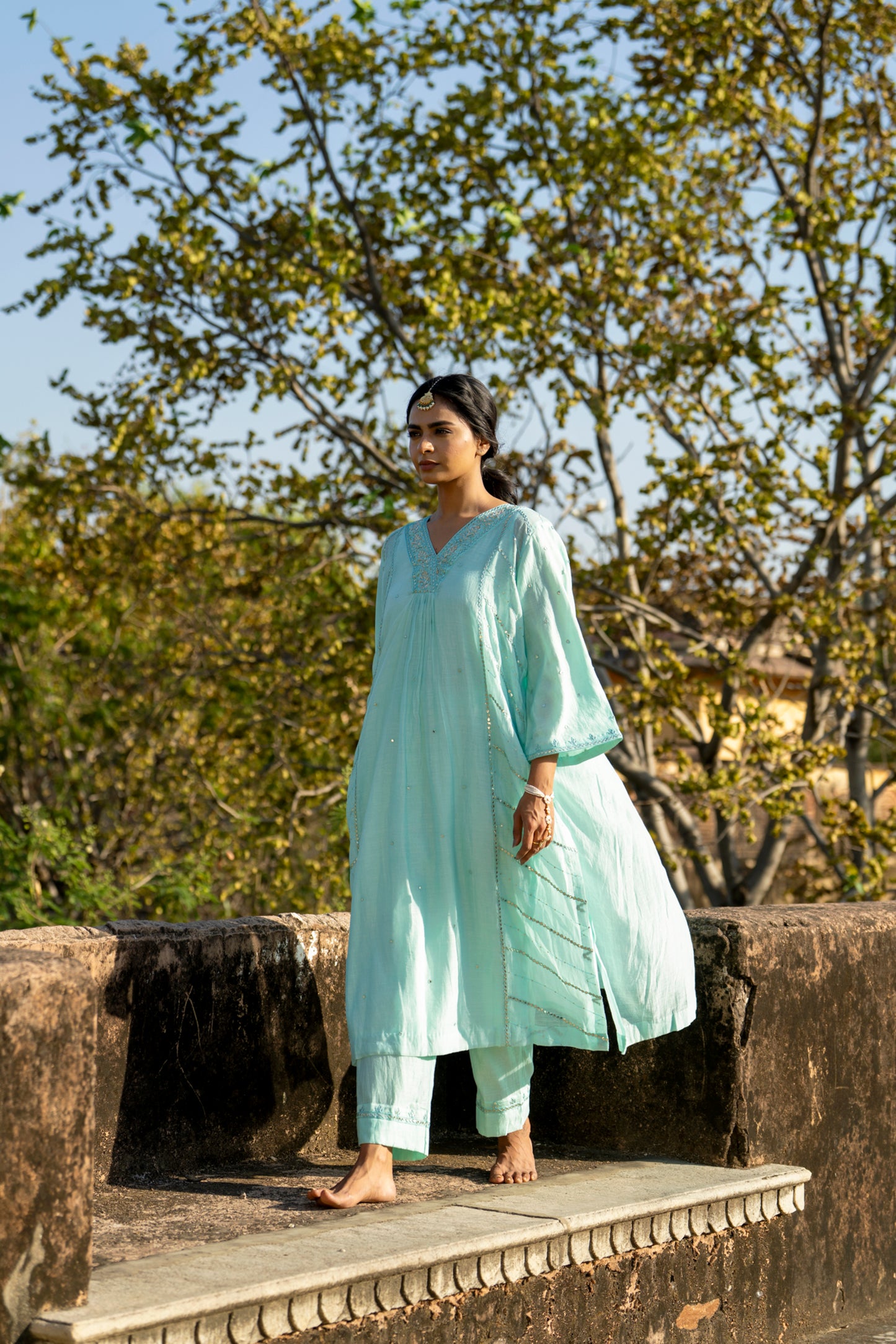 Blue Muk Chanderi V neck Gota Kurta Set
