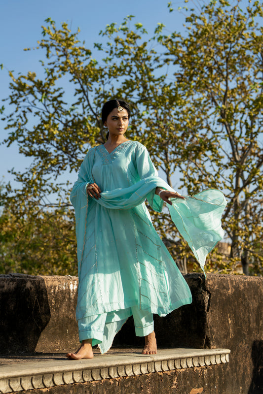 Blue Muk Chanderi V neck Gota Kurta Set