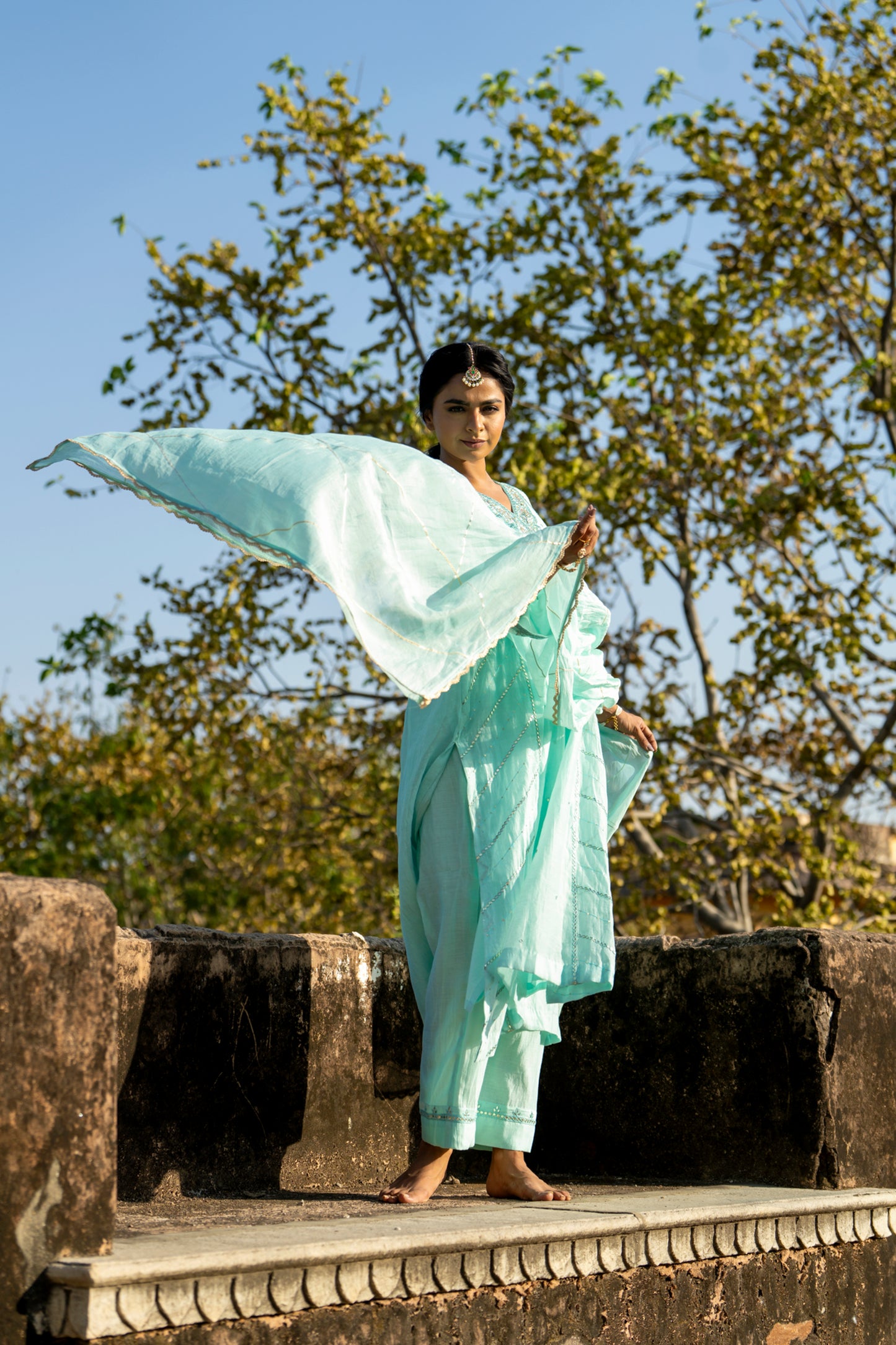 Blue Muk Chanderi V neck Gota Kurta Set
