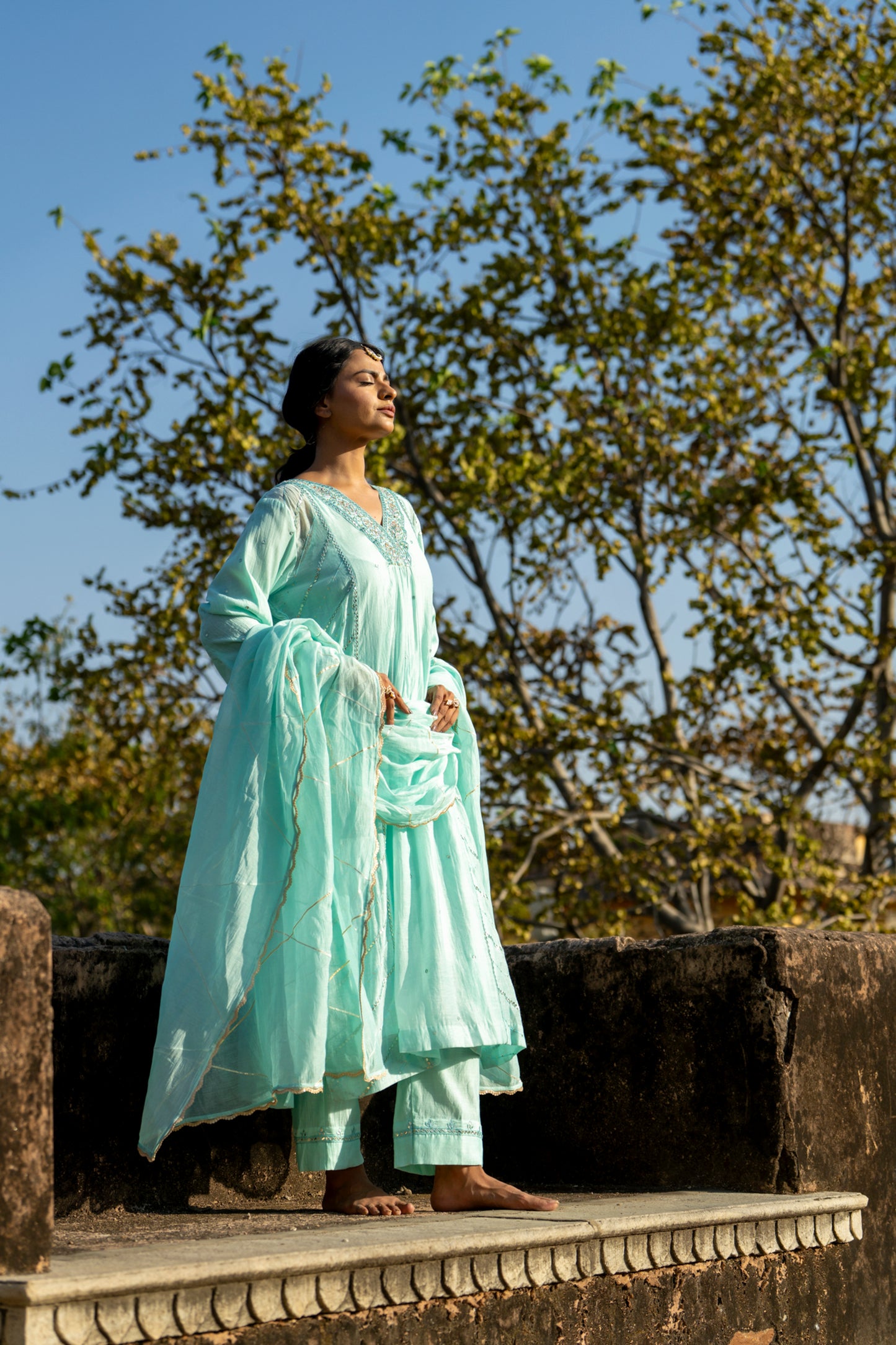 Blue Muk Chanderi V neck Gota Kurta Set