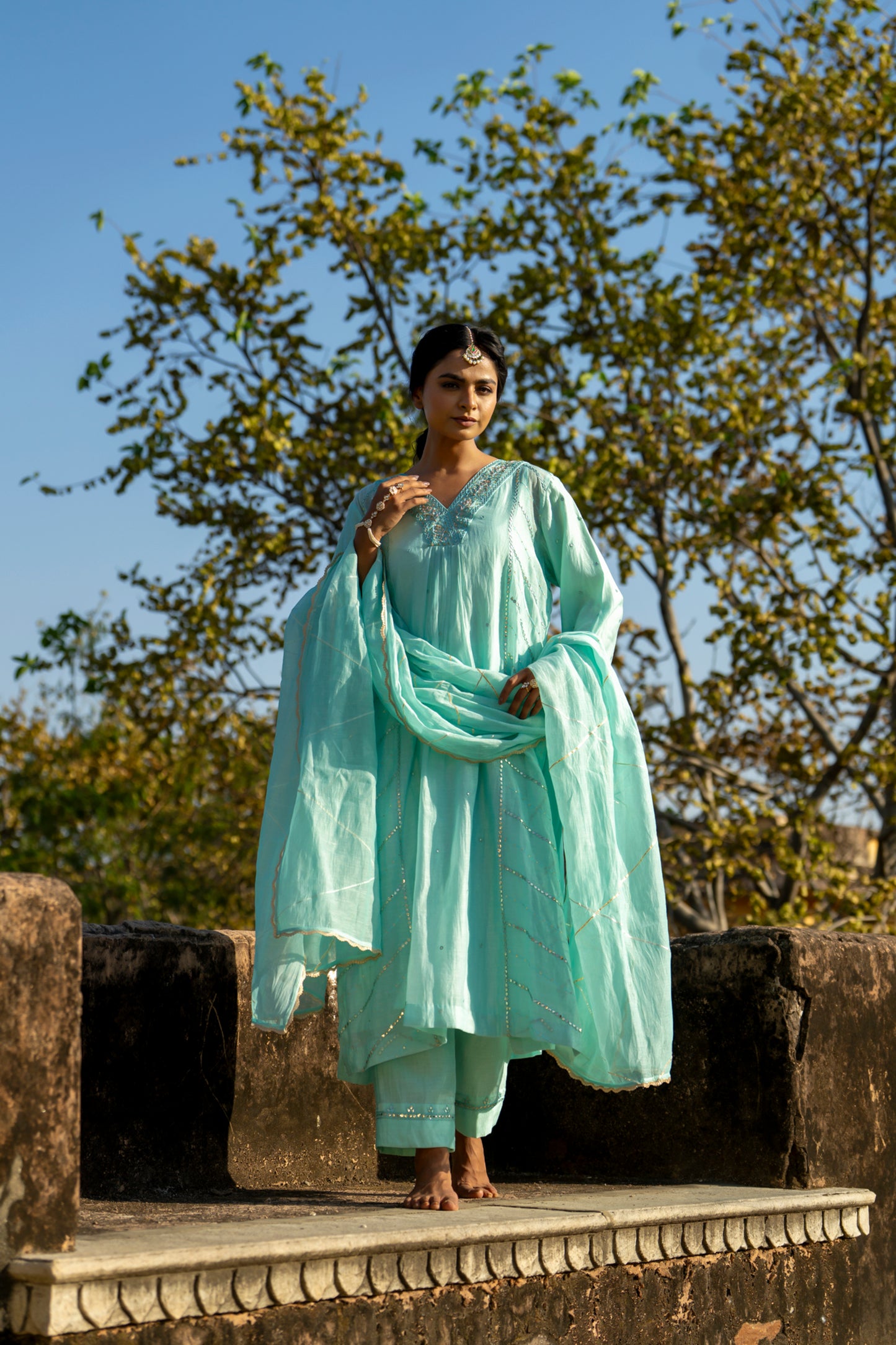 Blue Muk Chanderi V neck Gota Kurta Set