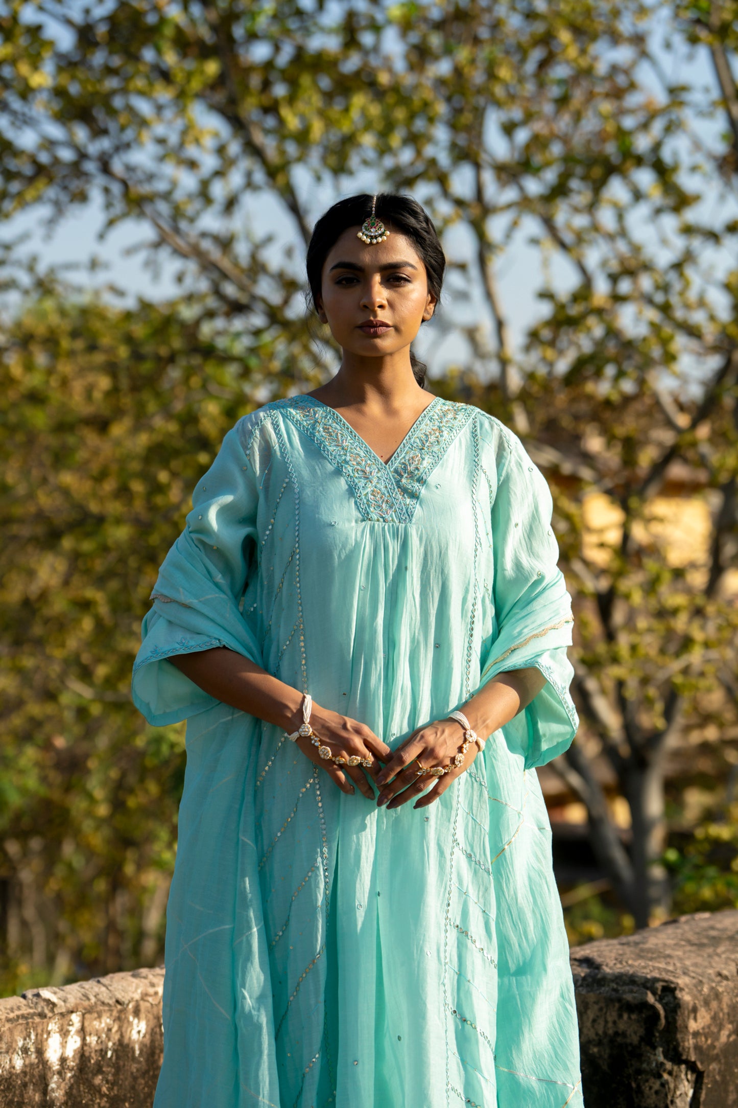 Blue Muk Chanderi V neck Gota Kurta Set