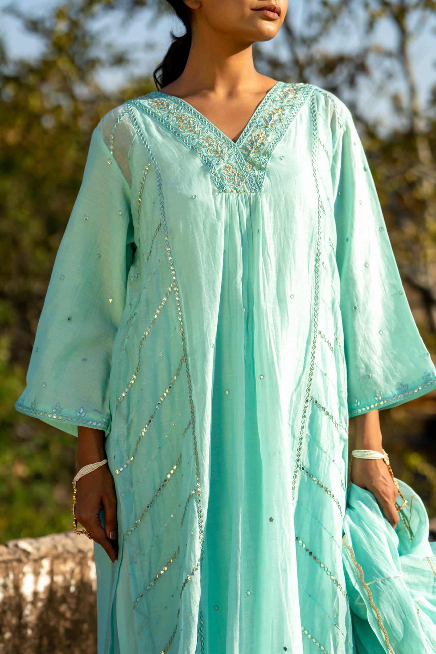 Blue Muk Chanderi V neck Gota Kurta Set