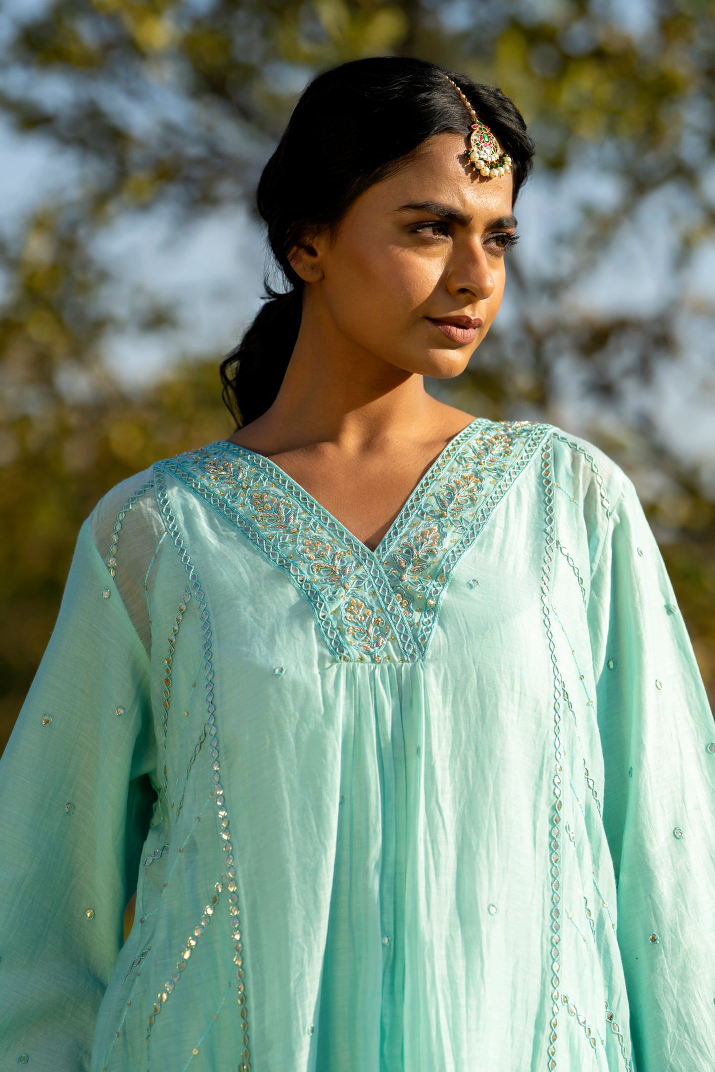 Blue Muk Chanderi V neck Gota Kurta Set