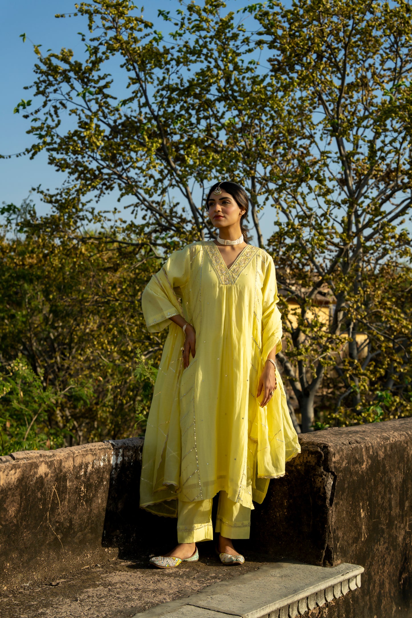 Yellow Muk Chanderi V neck Gota Kurta Set
