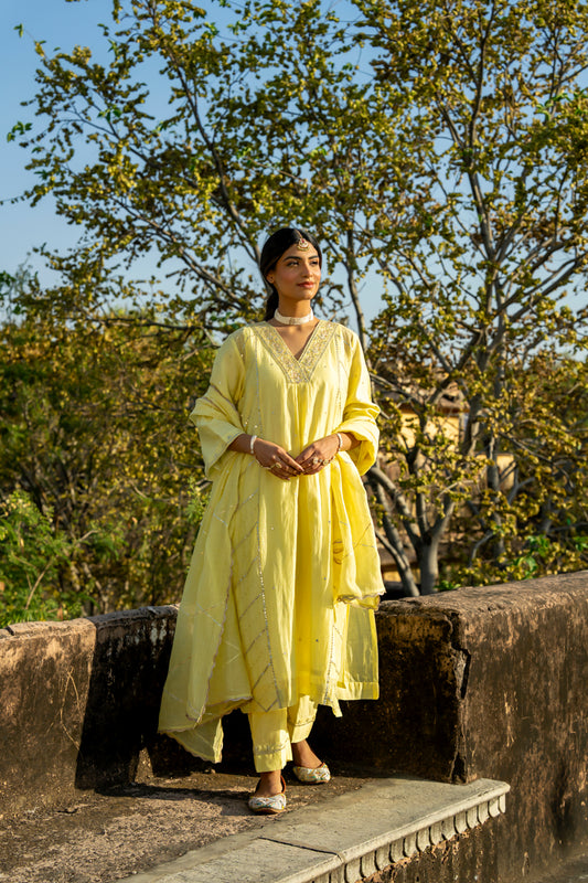 Yellow Muk Chanderi V neck Gota Kurta Set
