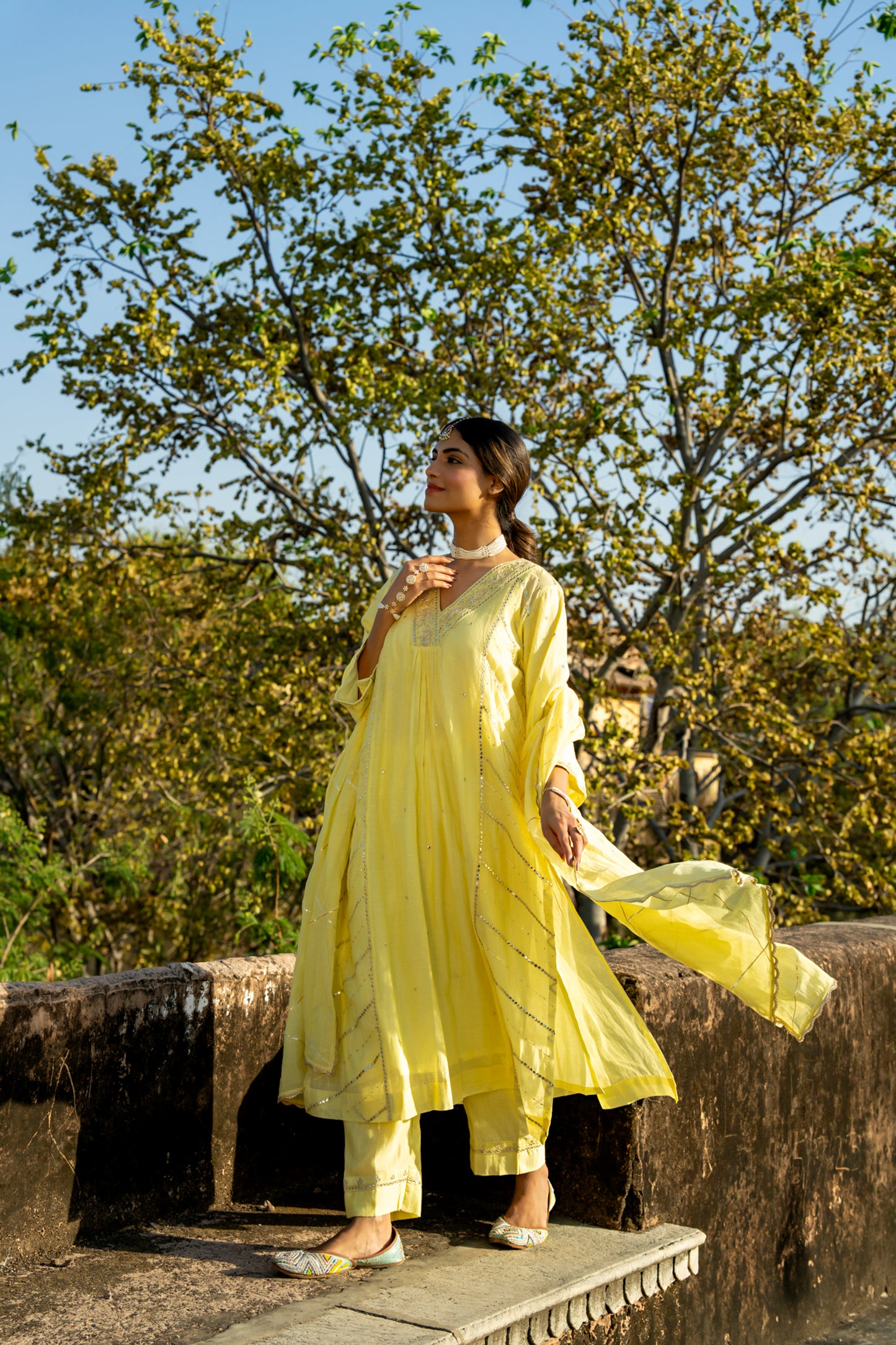 Yellow Muk Chanderi V neck Gota Kurta Set