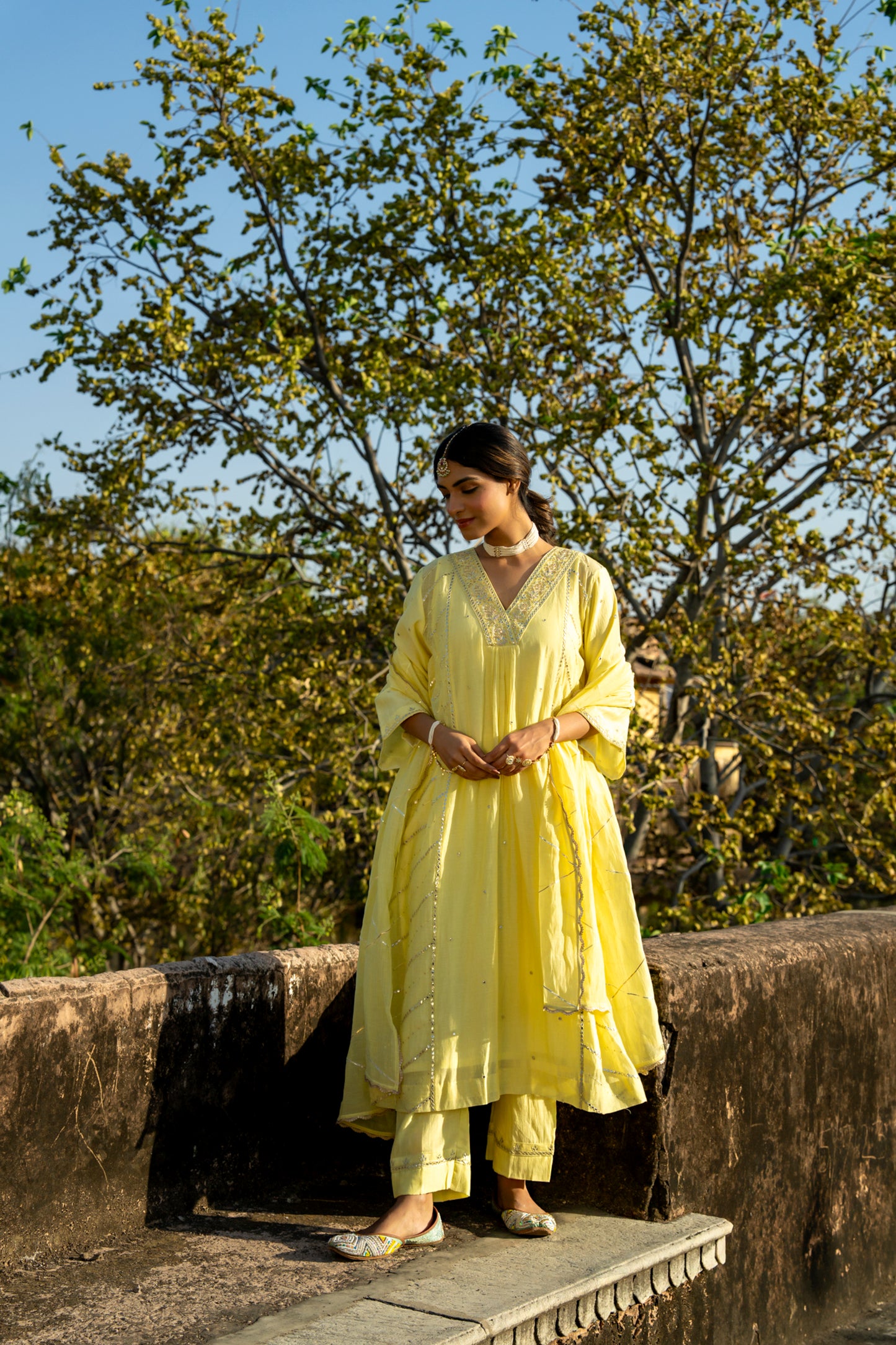 Yellow Muk Chanderi V neck Gota Kurta Set