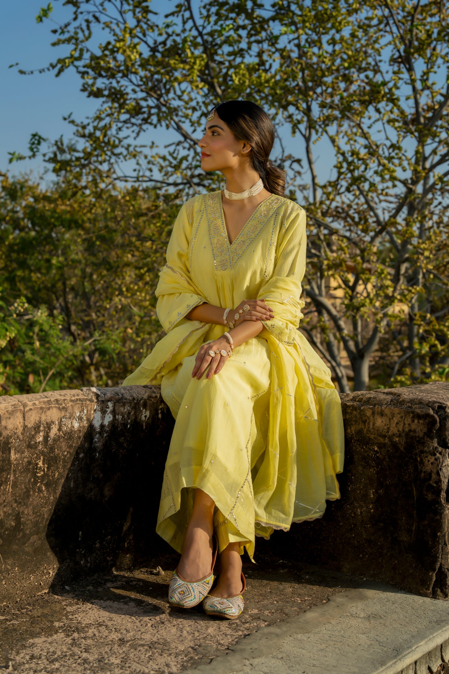 Yellow Muk Chanderi V neck Gota Kurta Set