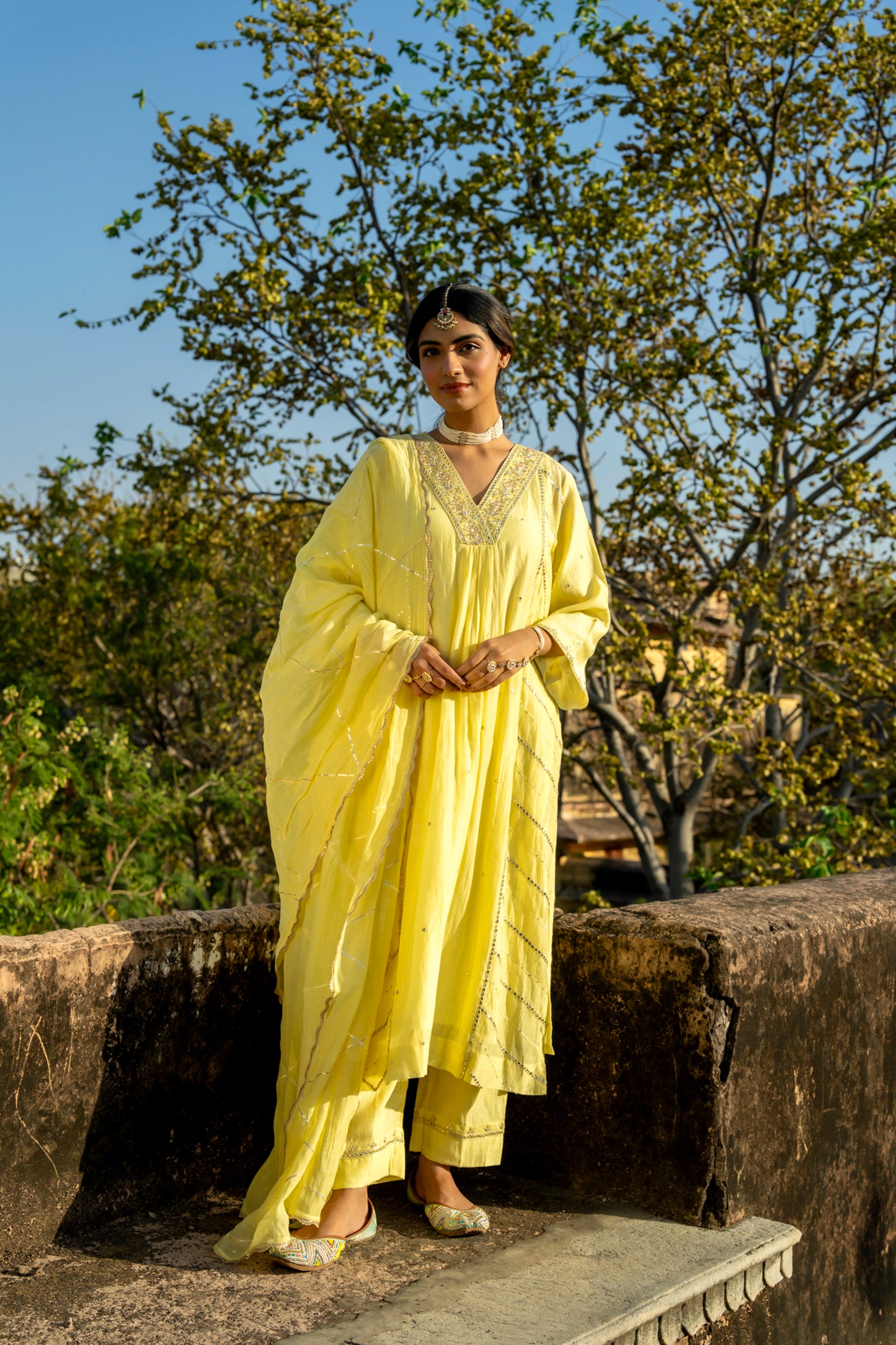 Yellow Muk Chanderi V neck Gota Kurta Set