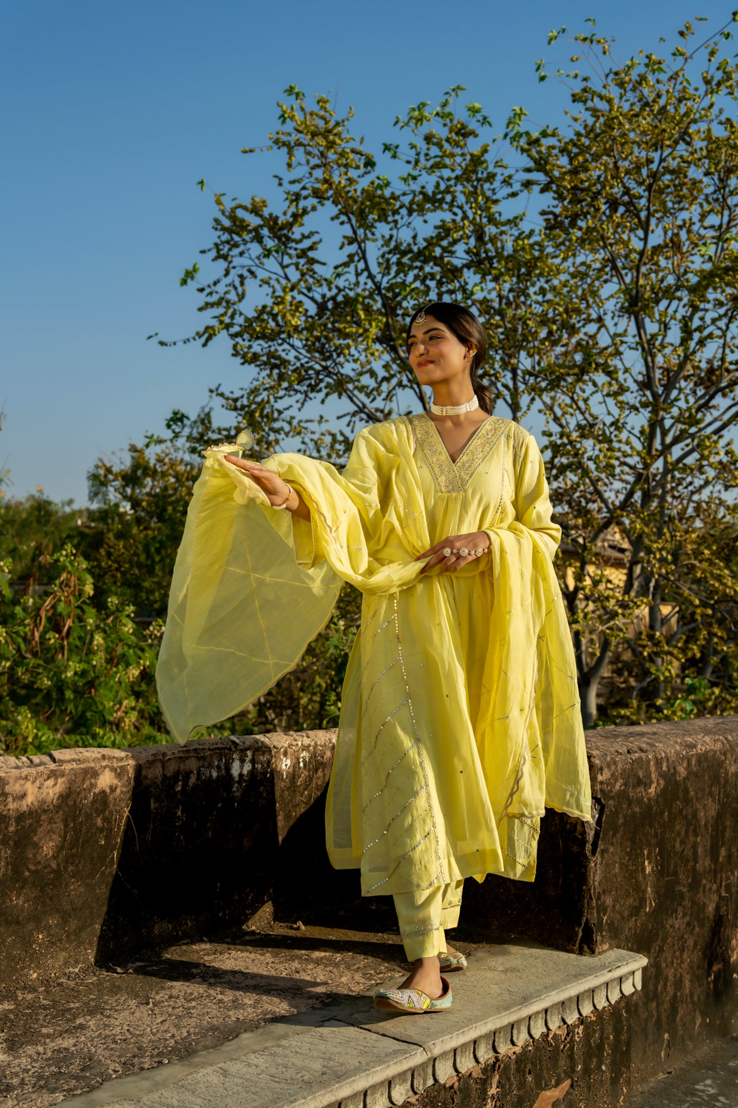 Yellow Muk Chanderi V neck Gota Kurta Set