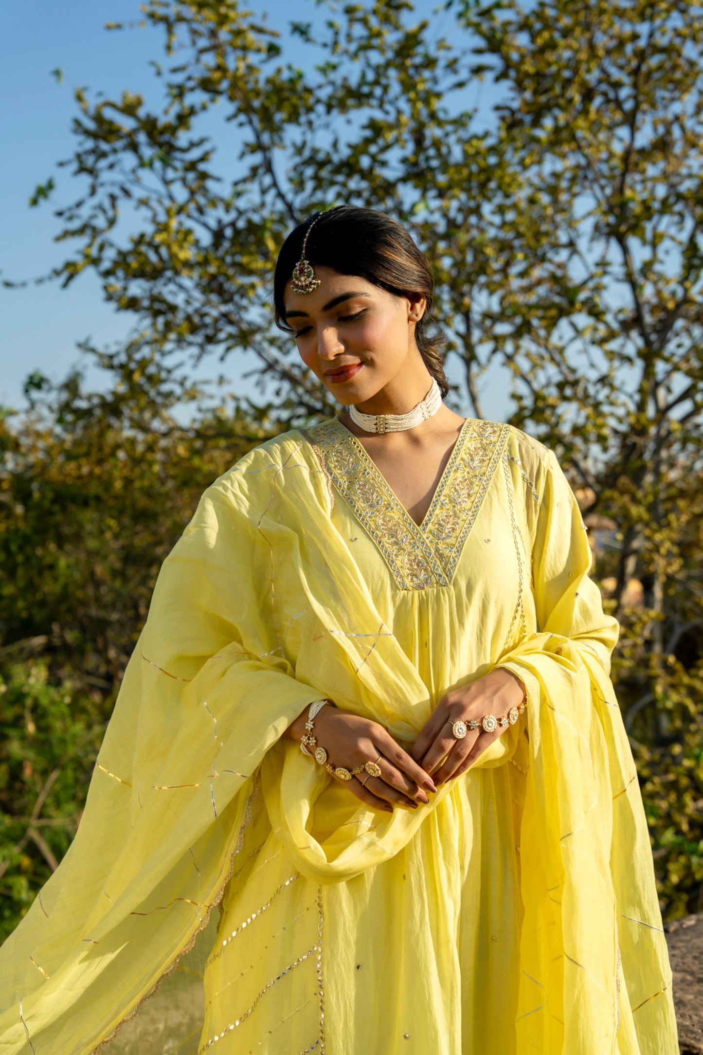 Yellow Muk Chanderi V neck Gota Kurta Set
