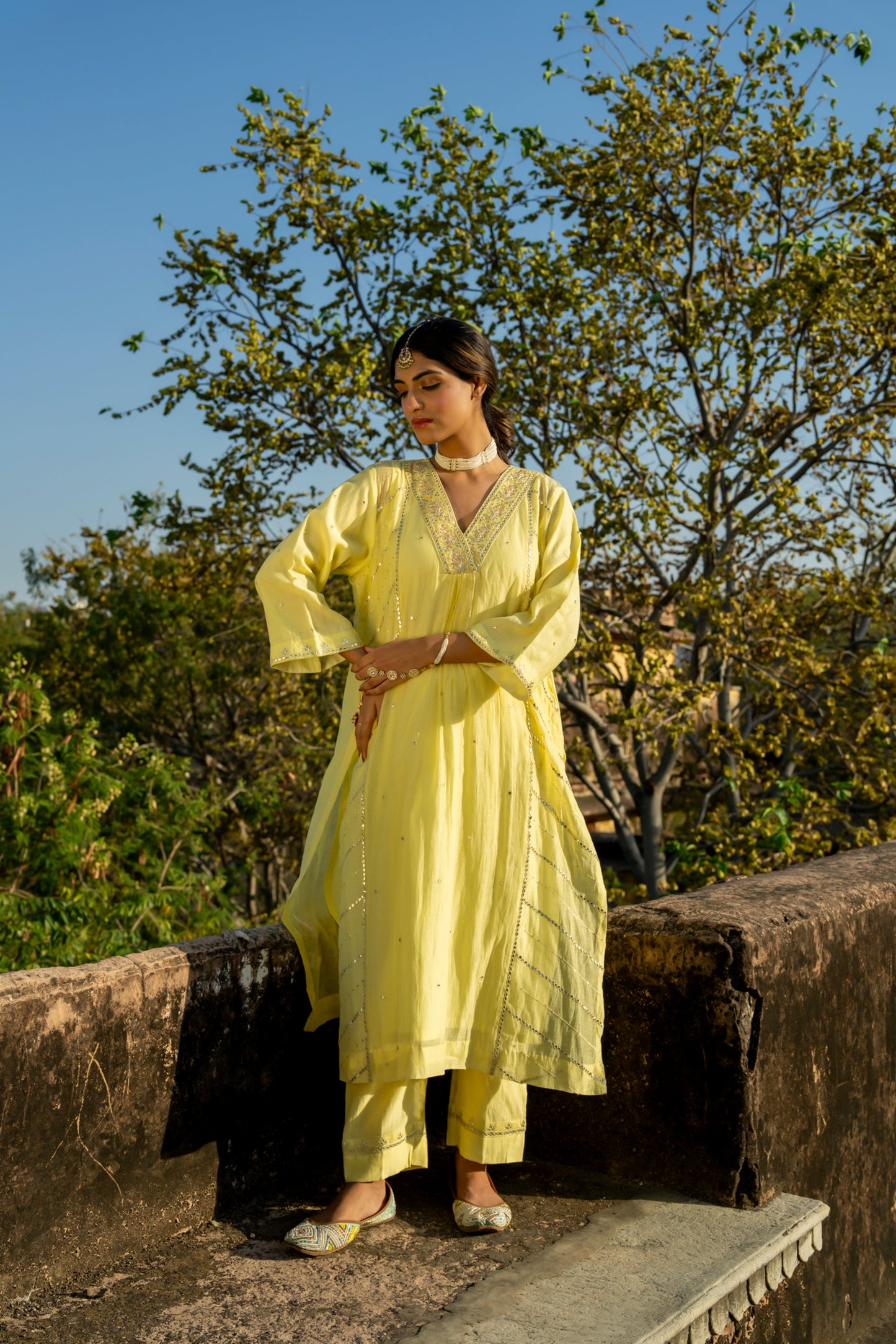 Yellow Muk Chanderi V neck Gota Kurta Set