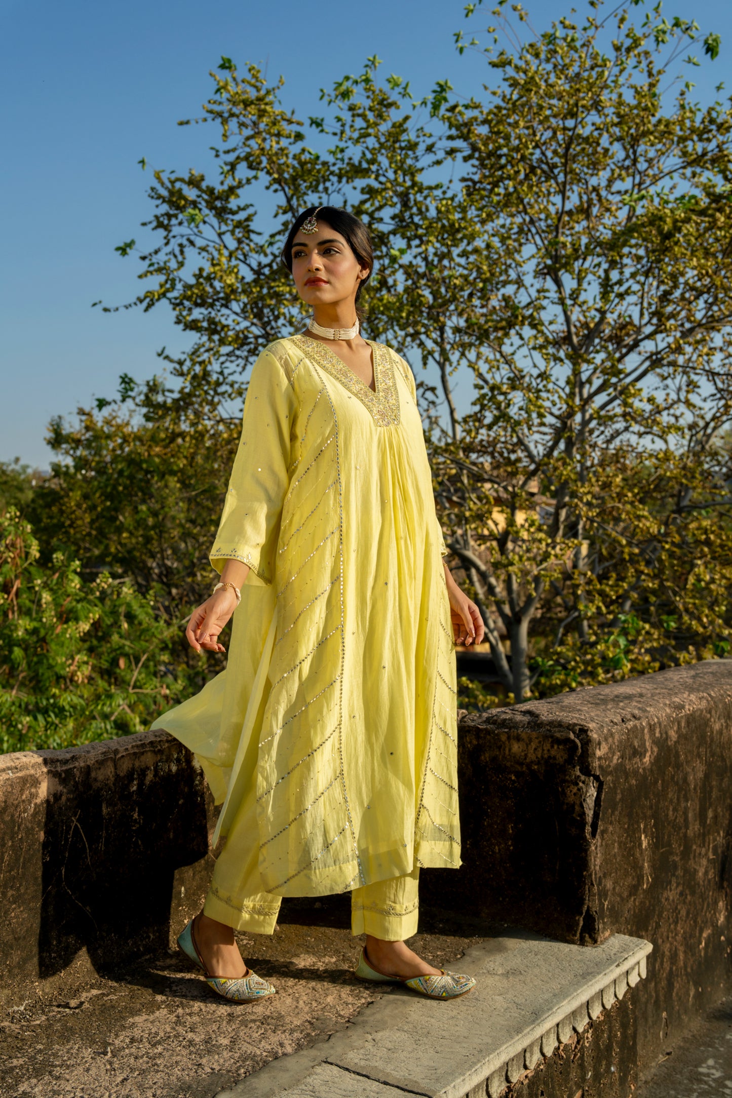 Yellow Muk Chanderi V neck Gota Kurta Set