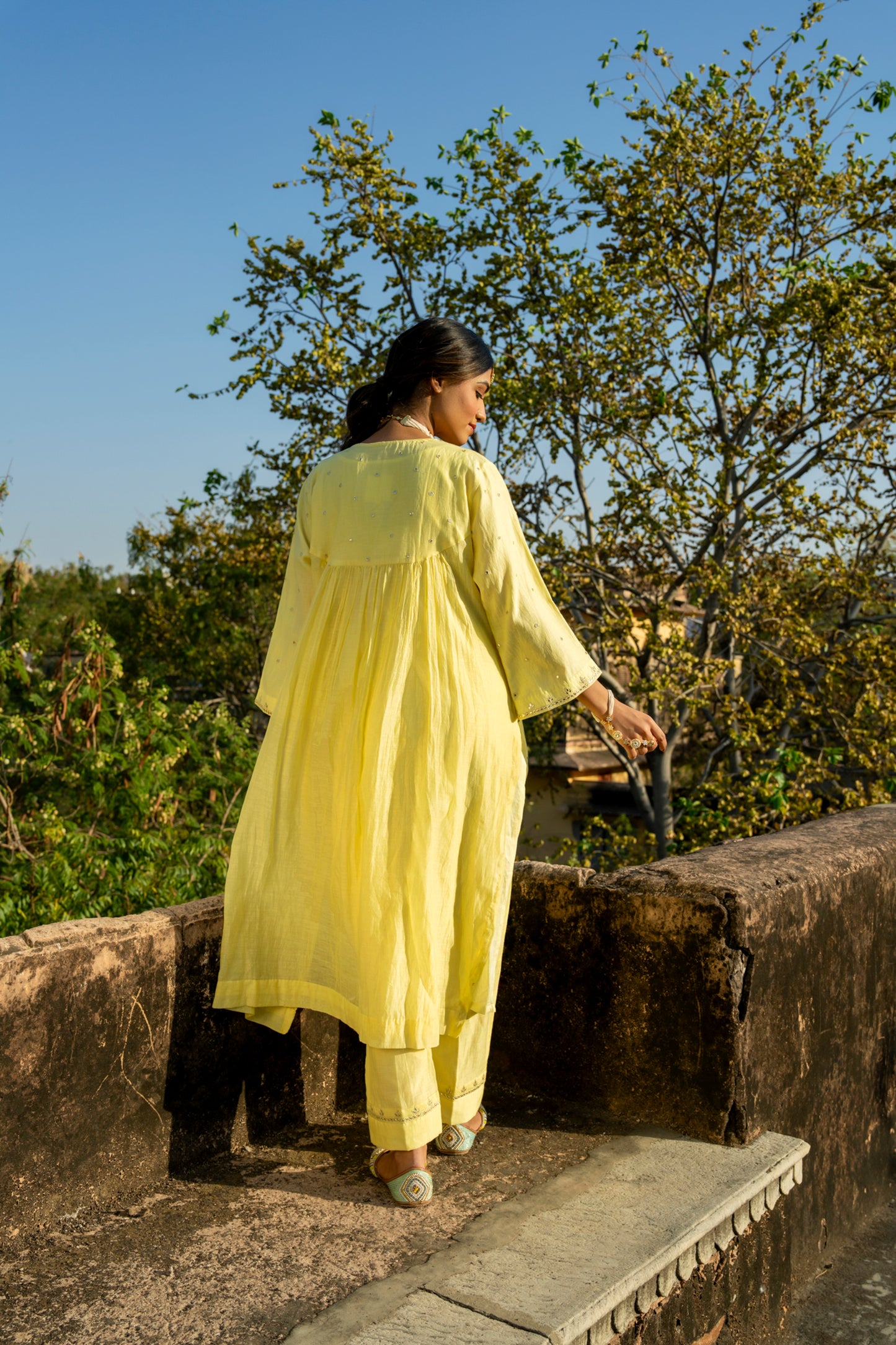Yellow Muk Chanderi V neck Gota Kurta Set