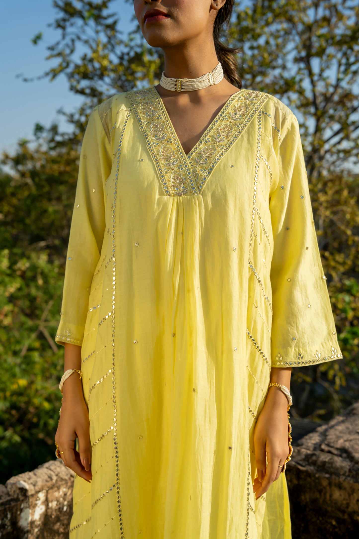 Yellow Muk Chanderi V neck Gota Kurta Set