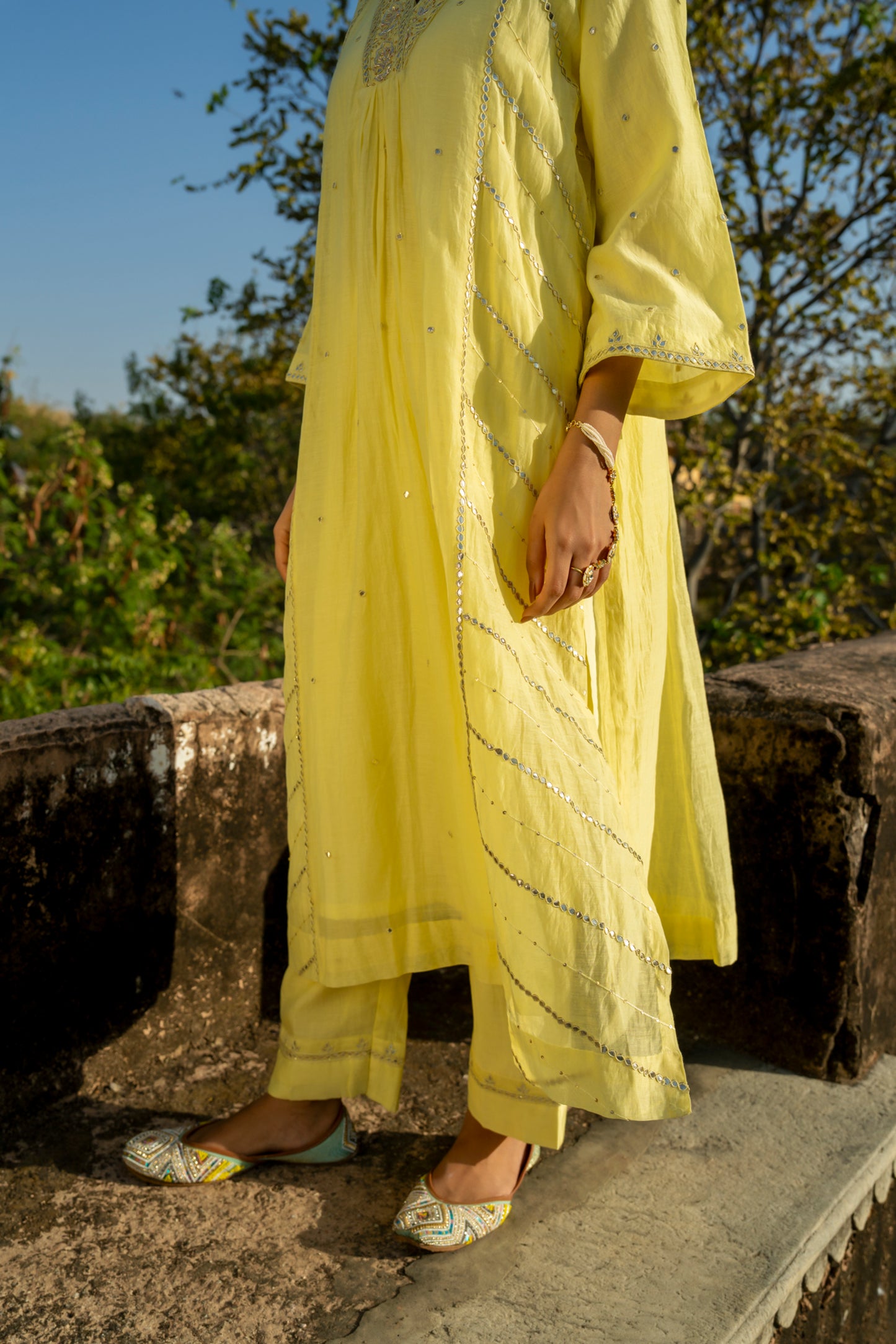 Yellow Muk Chanderi V neck Gota Kurta Set