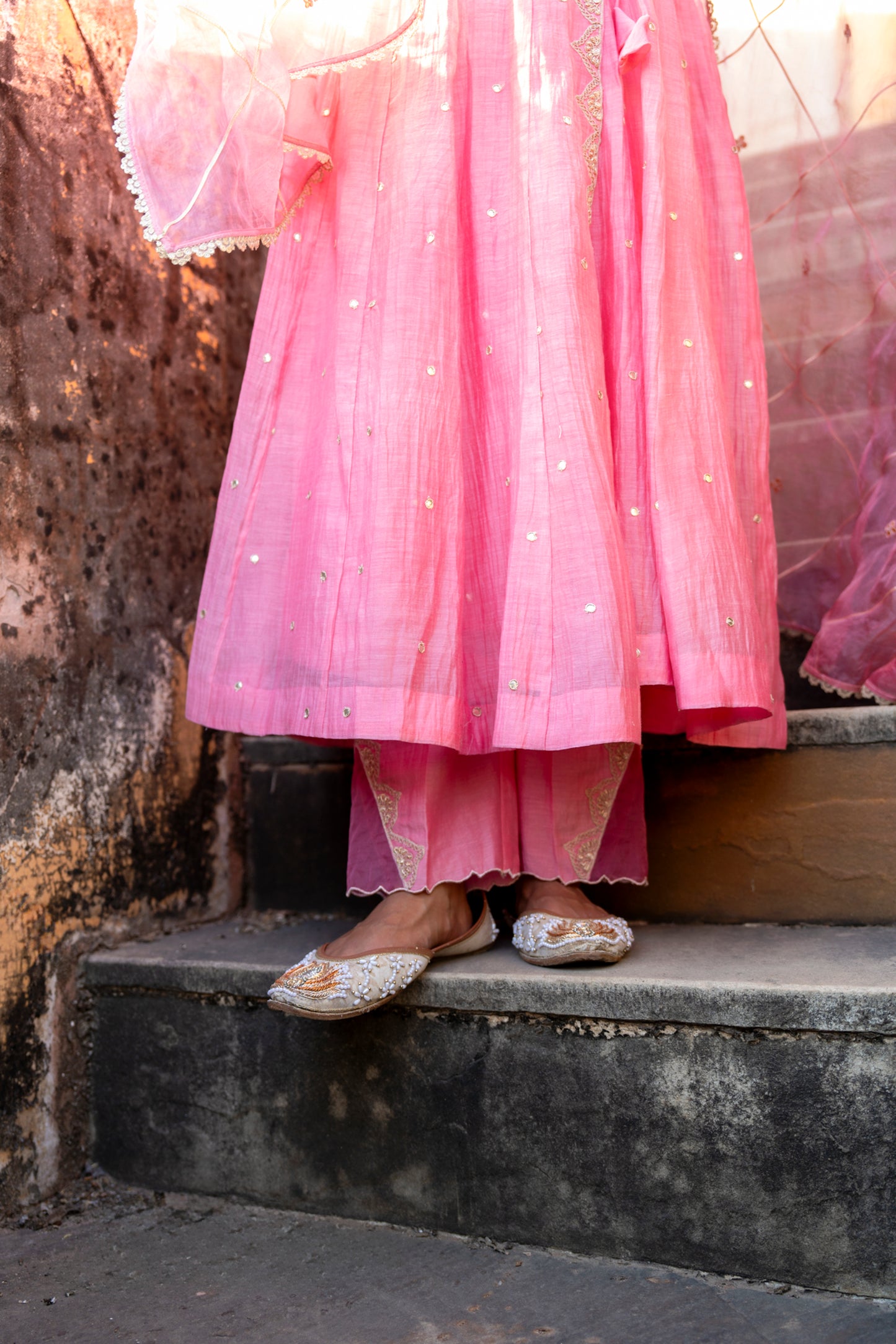 Pink Chanderi Angrakha set with Dabka work