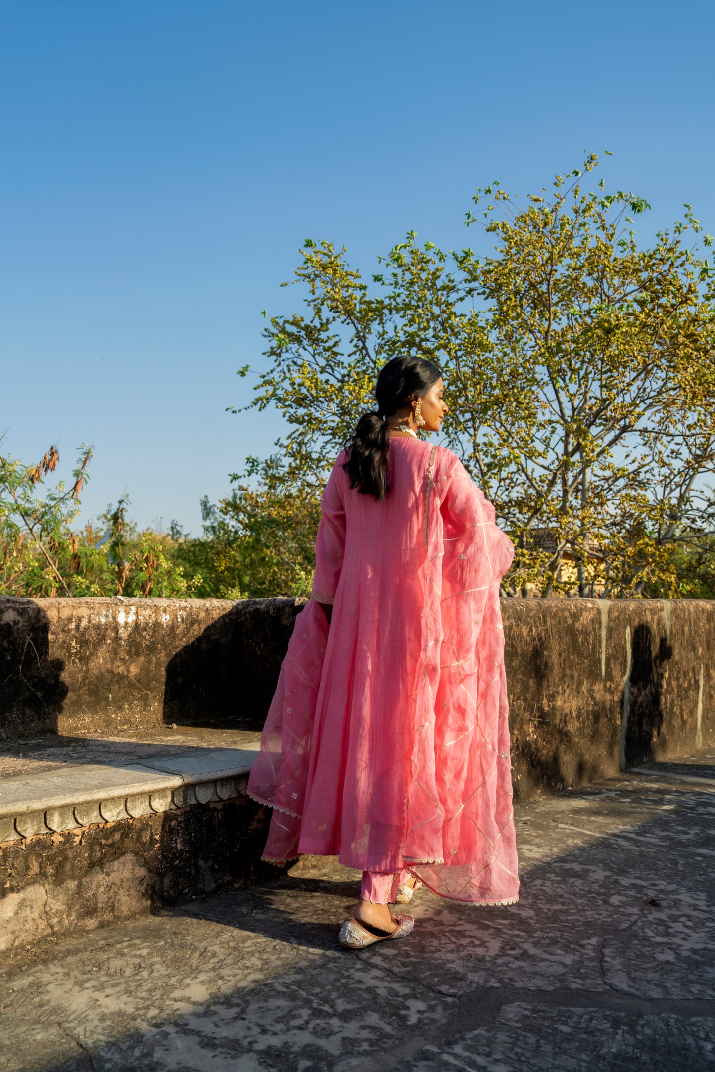 Pink Chanderi Angrakha set with Dabka work