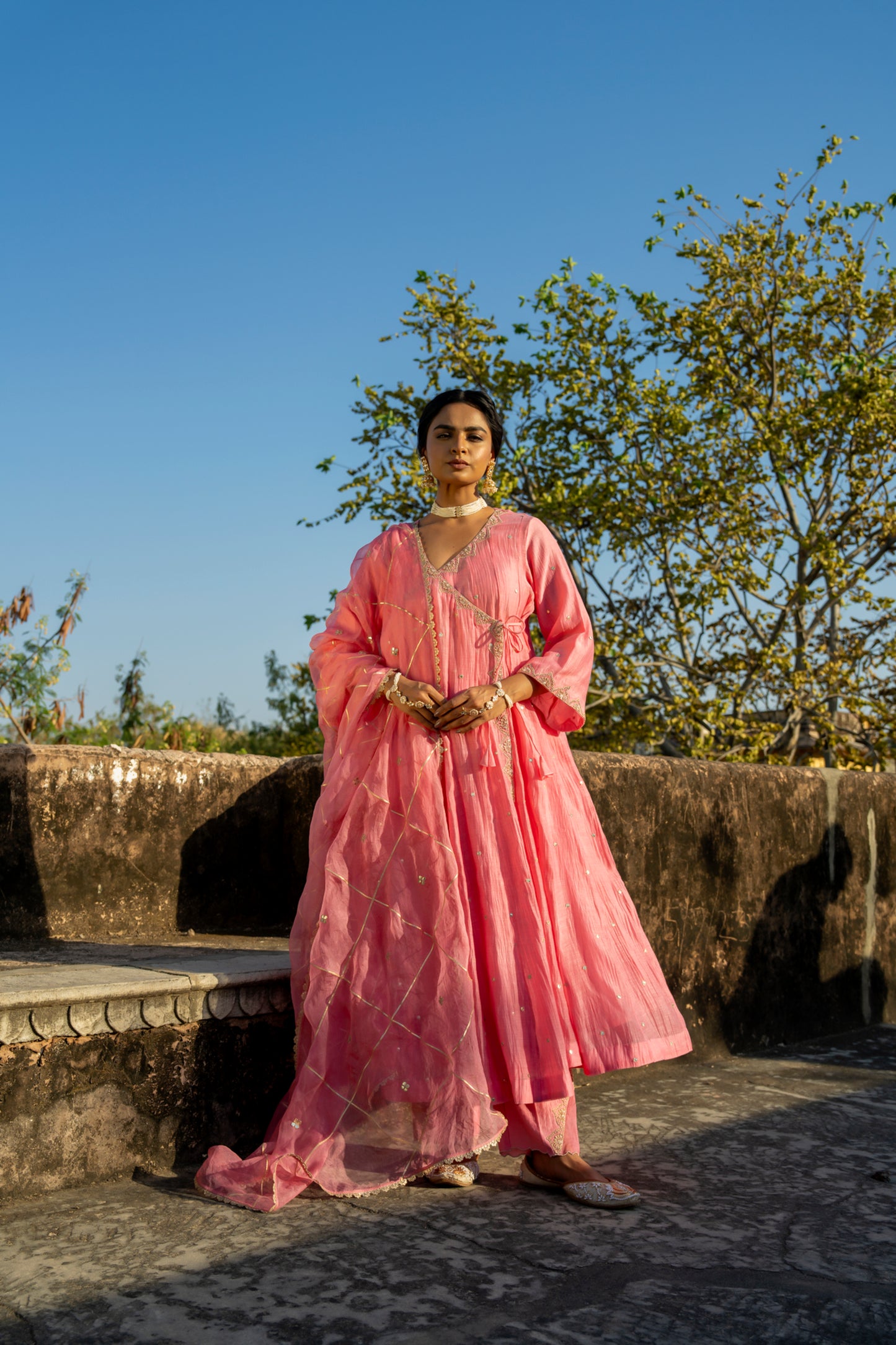 Pink Chanderi Angrakha set with Dabka work