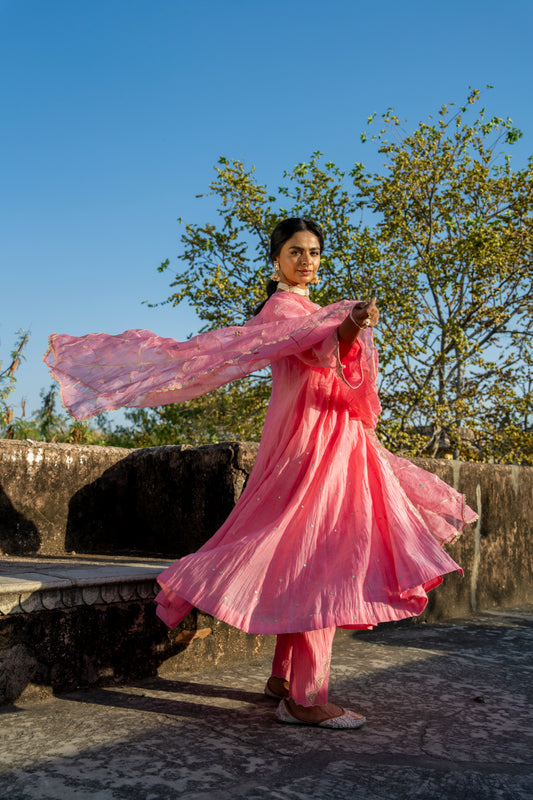 Pink Chanderi Angrakha set with Dabka work
