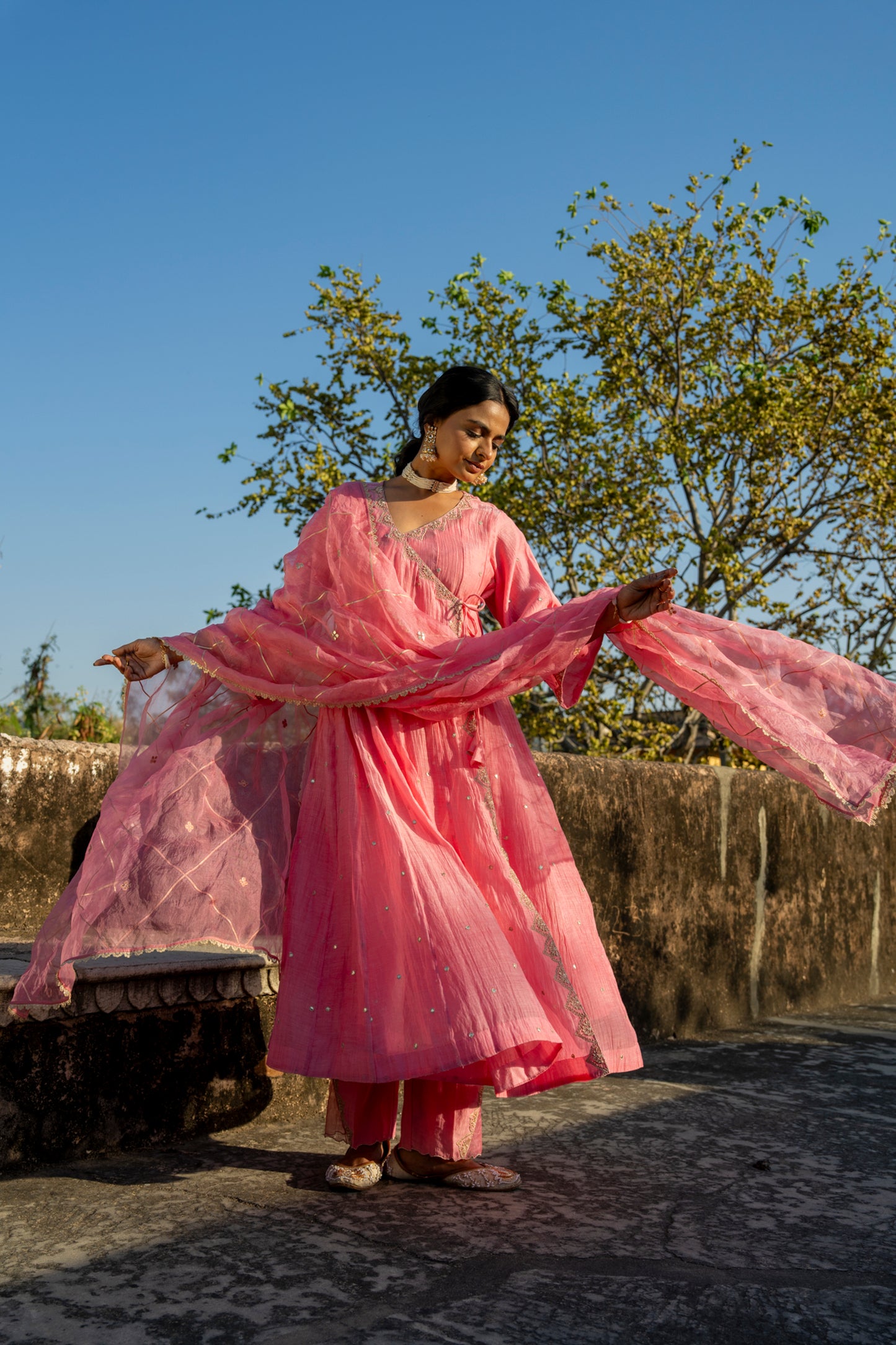 Pink Chanderi Angrakha set with Dabka work