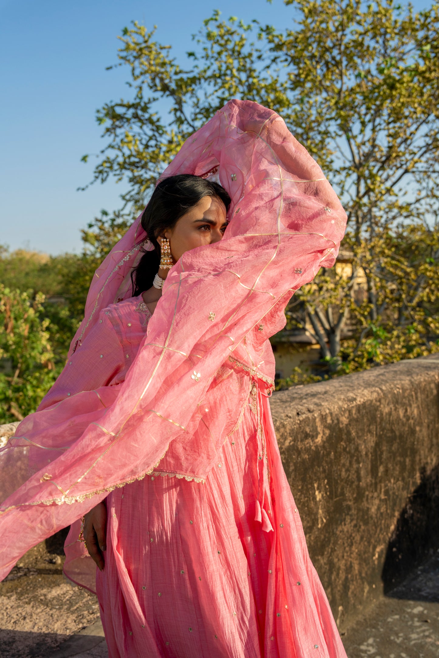 Pink Chanderi Angrakha set with Dabka work