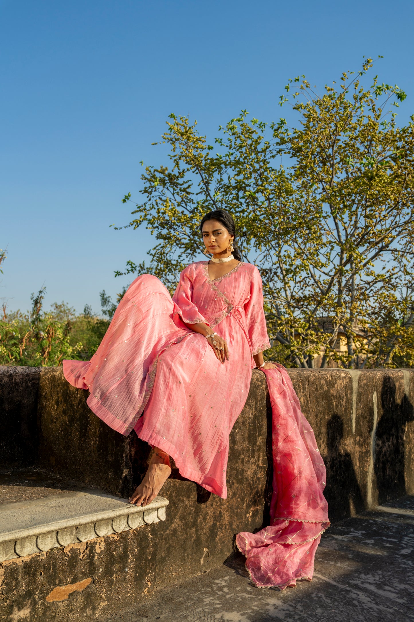 Pink Chanderi Angrakha set with Dabka work