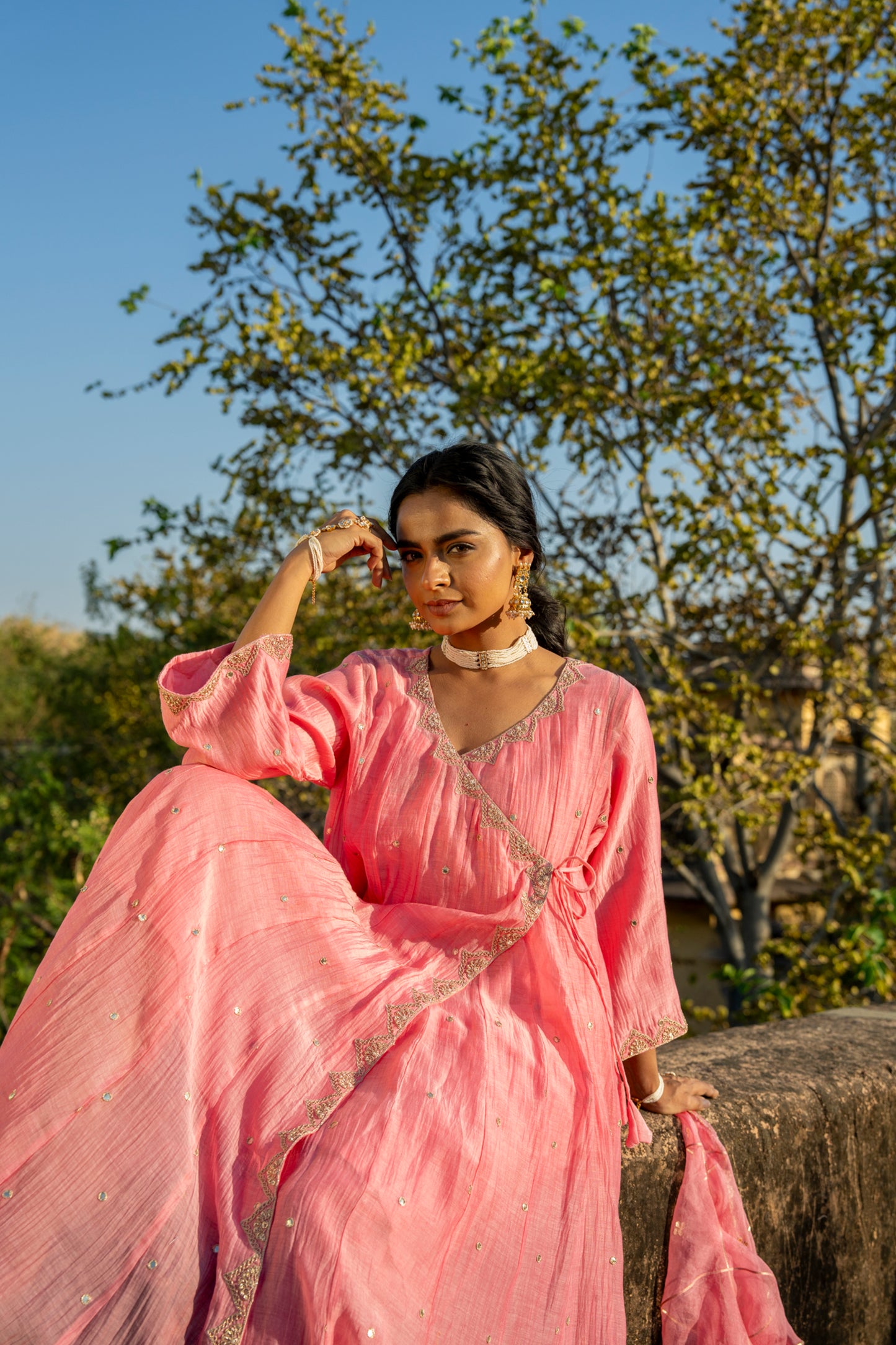 Pink Chanderi Angrakha set with Dabka work