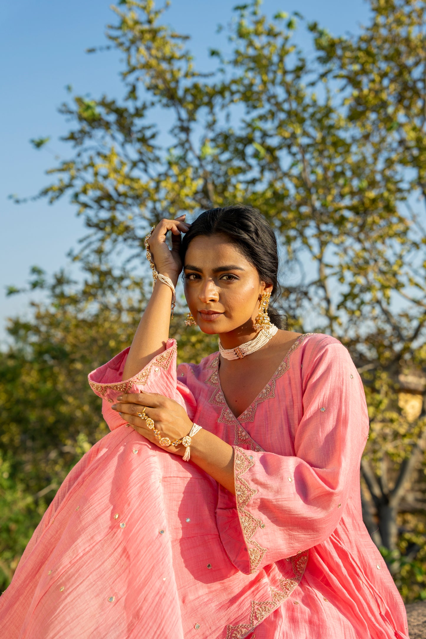 Pink Chanderi Angrakha set with Dabka work