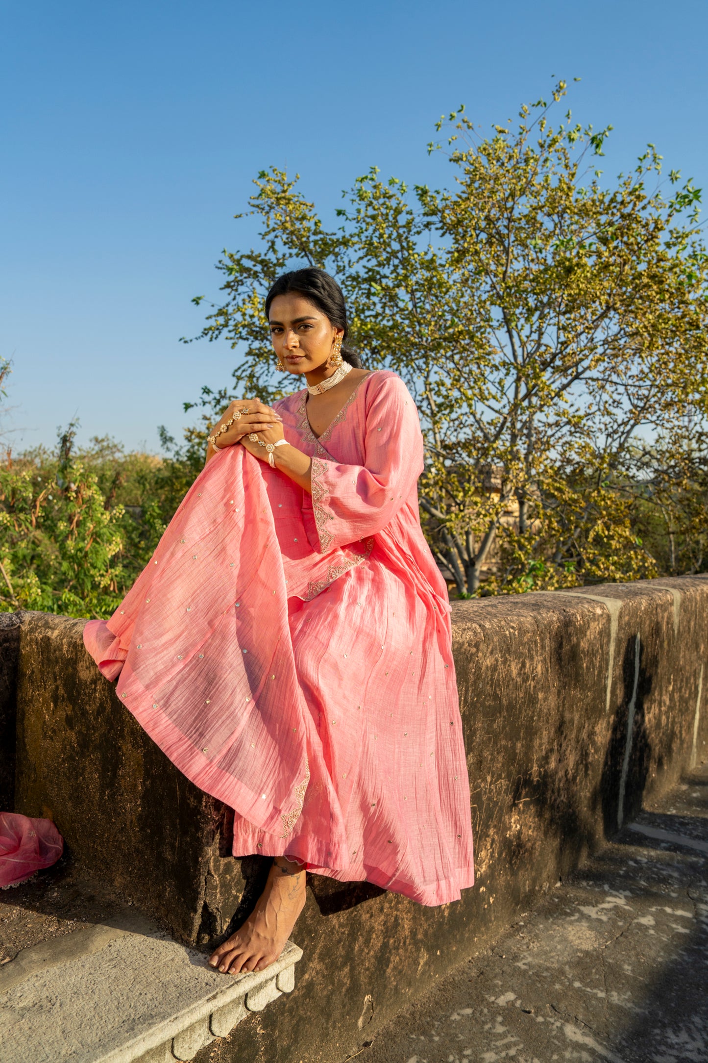 Pink Chanderi Angrakha set with Dabka work