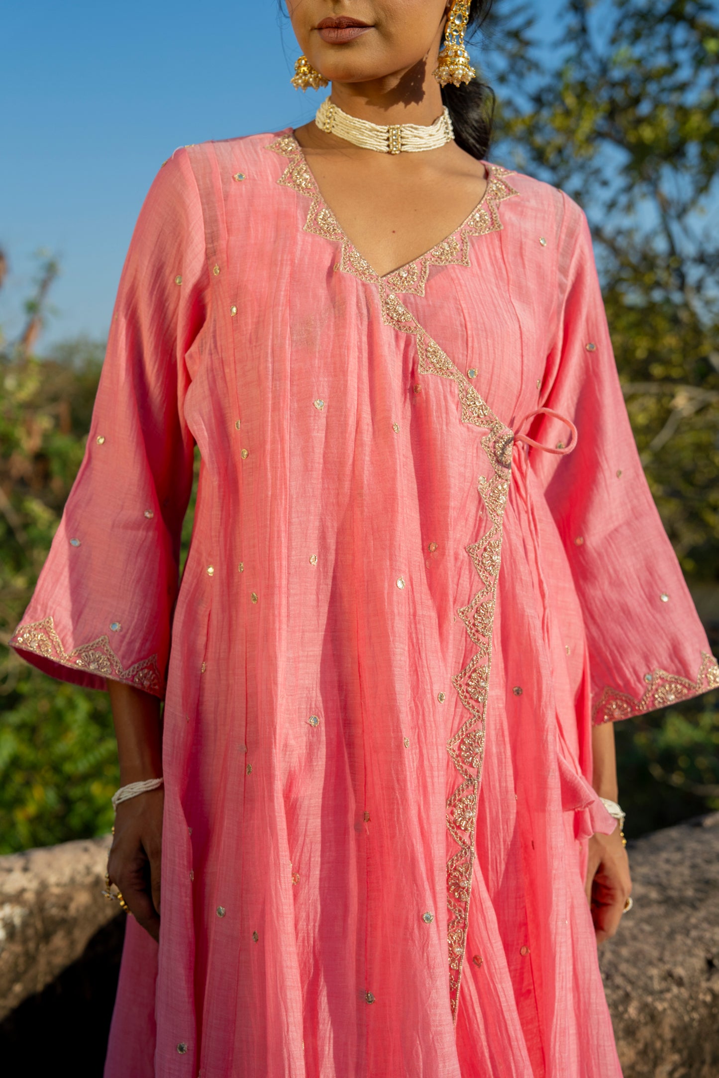 Pink Chanderi Angrakha set with Dabka work