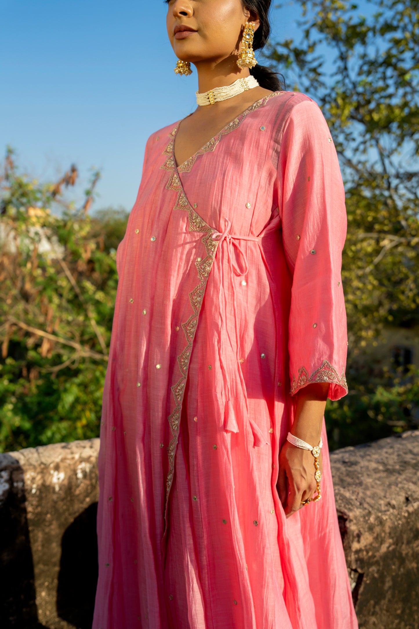 Pink Chanderi Angrakha set with Dabka work