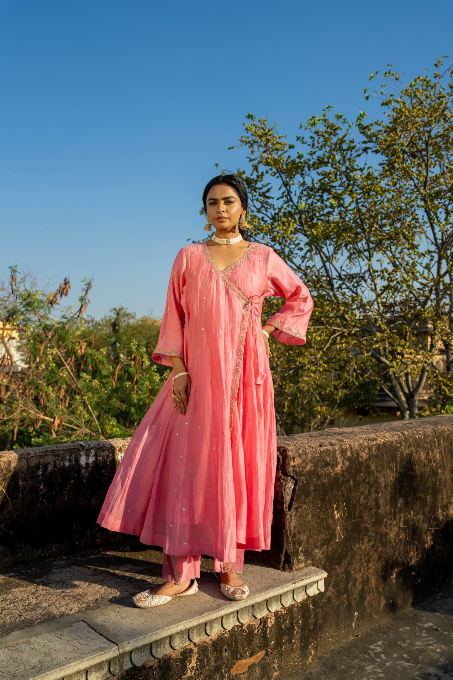 Pink Chanderi Angrakha set with Dabka work