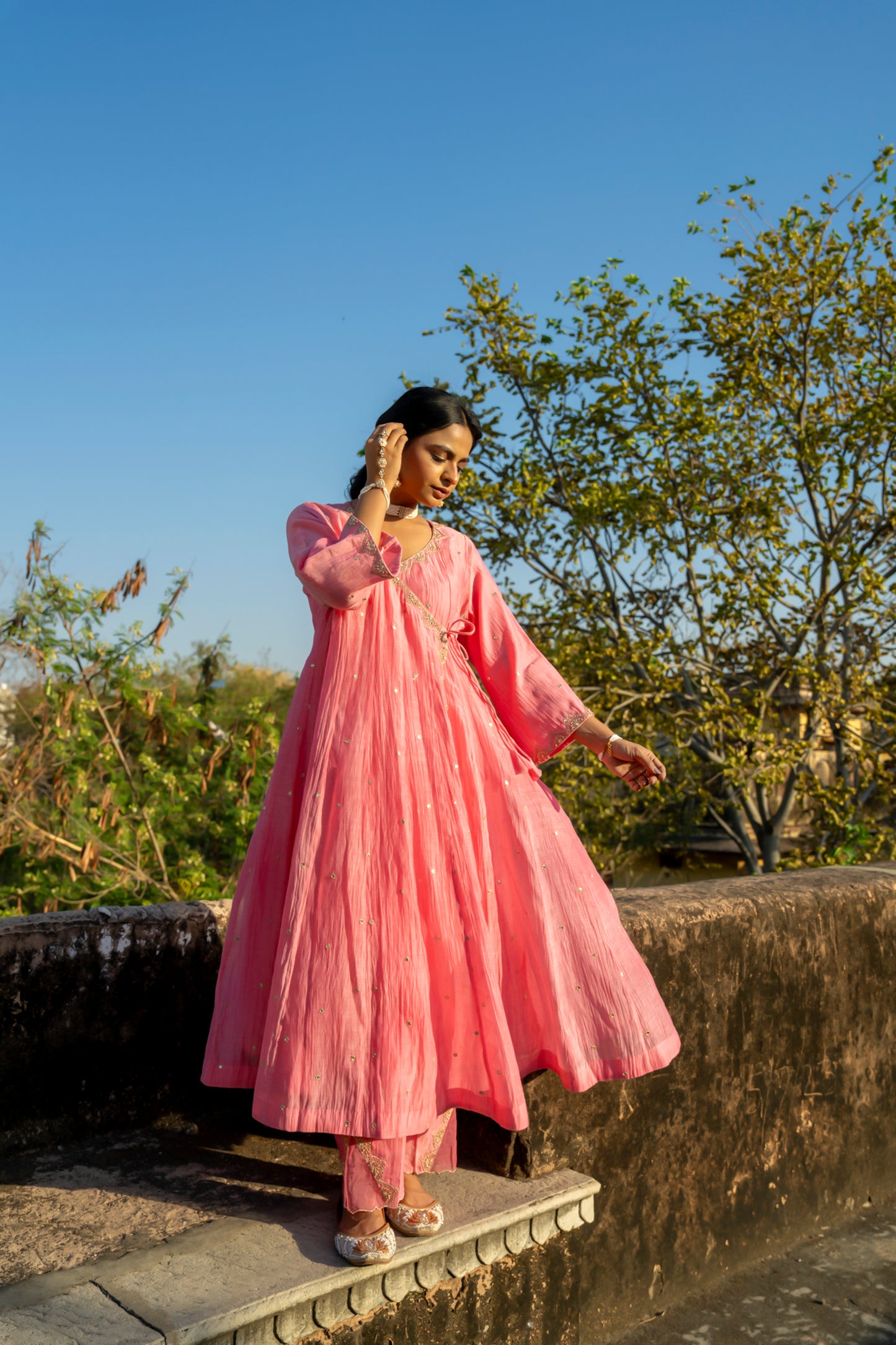 Pink Chanderi Angrakha set with Dabka work