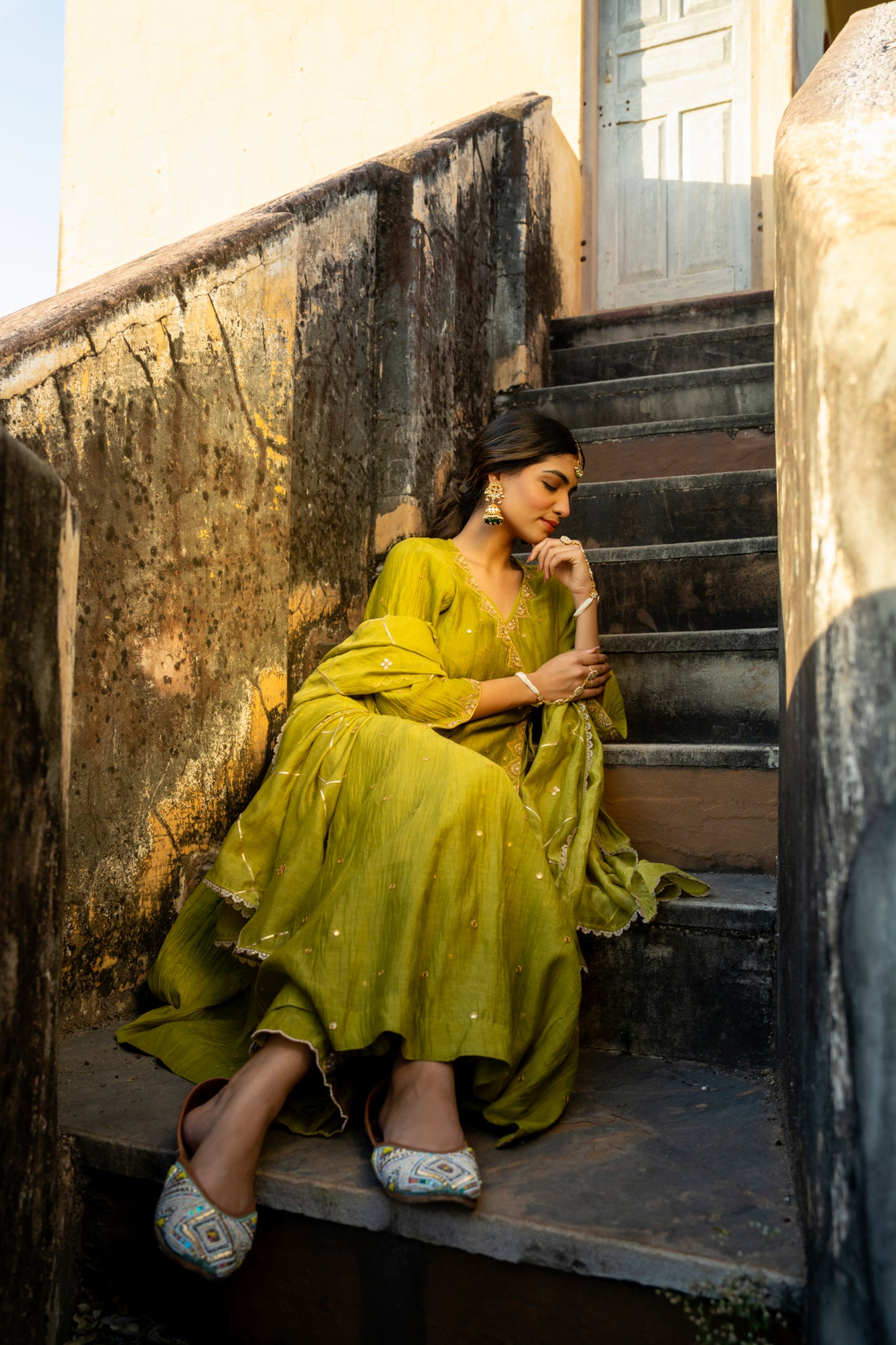 Green Chanderi Angrakha set with Dabka work