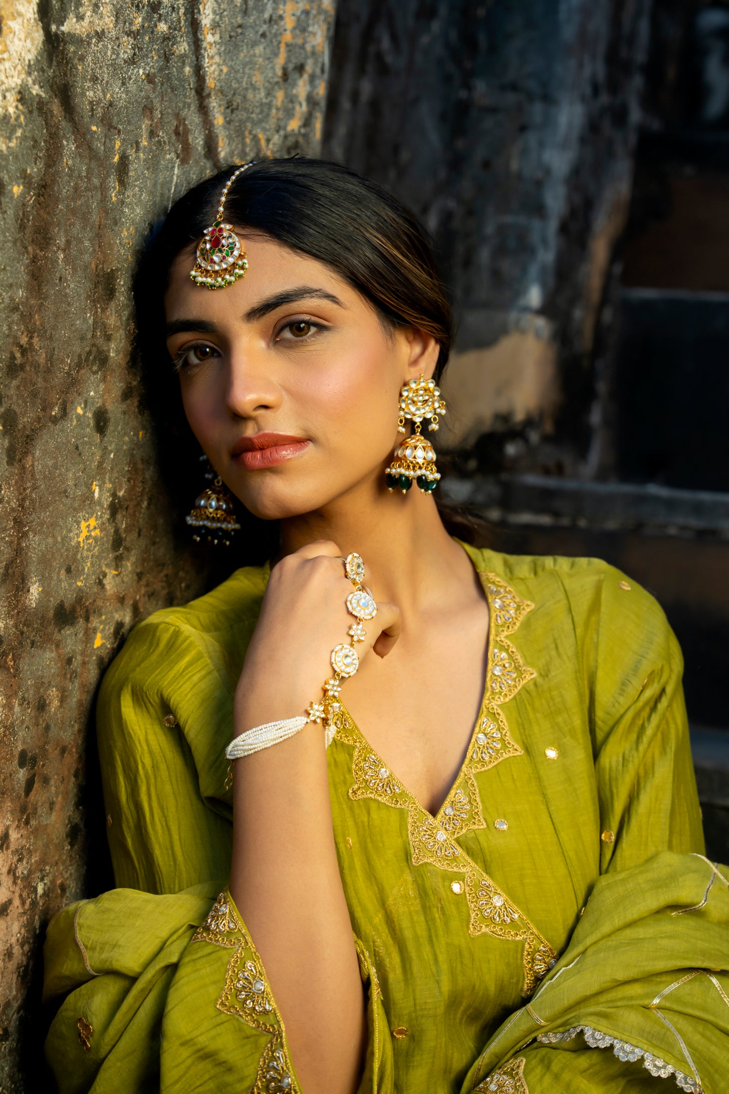 Green Chanderi Angrakha set with Dabka work