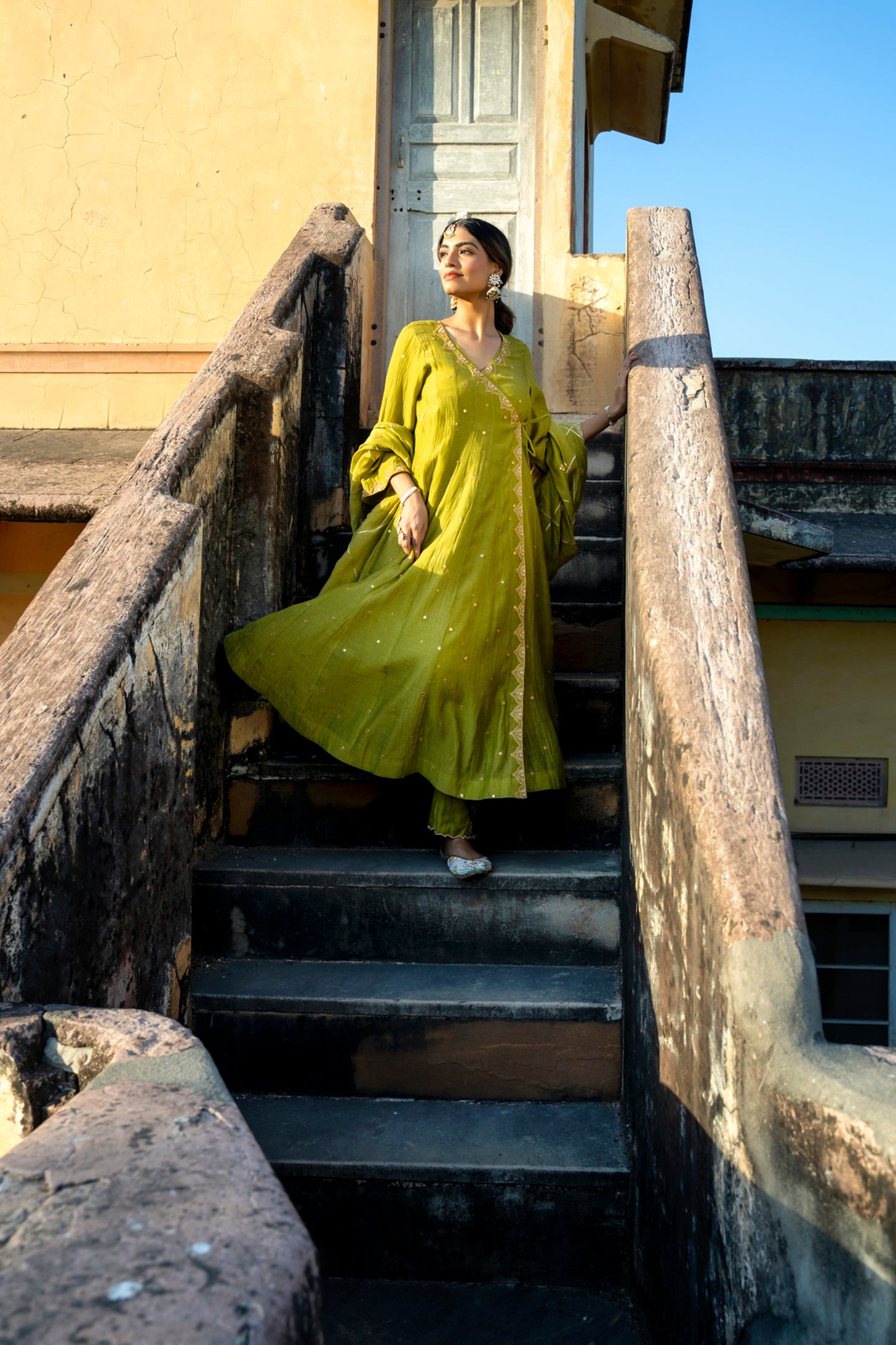 Green Chanderi Angrakha set with Dabka work