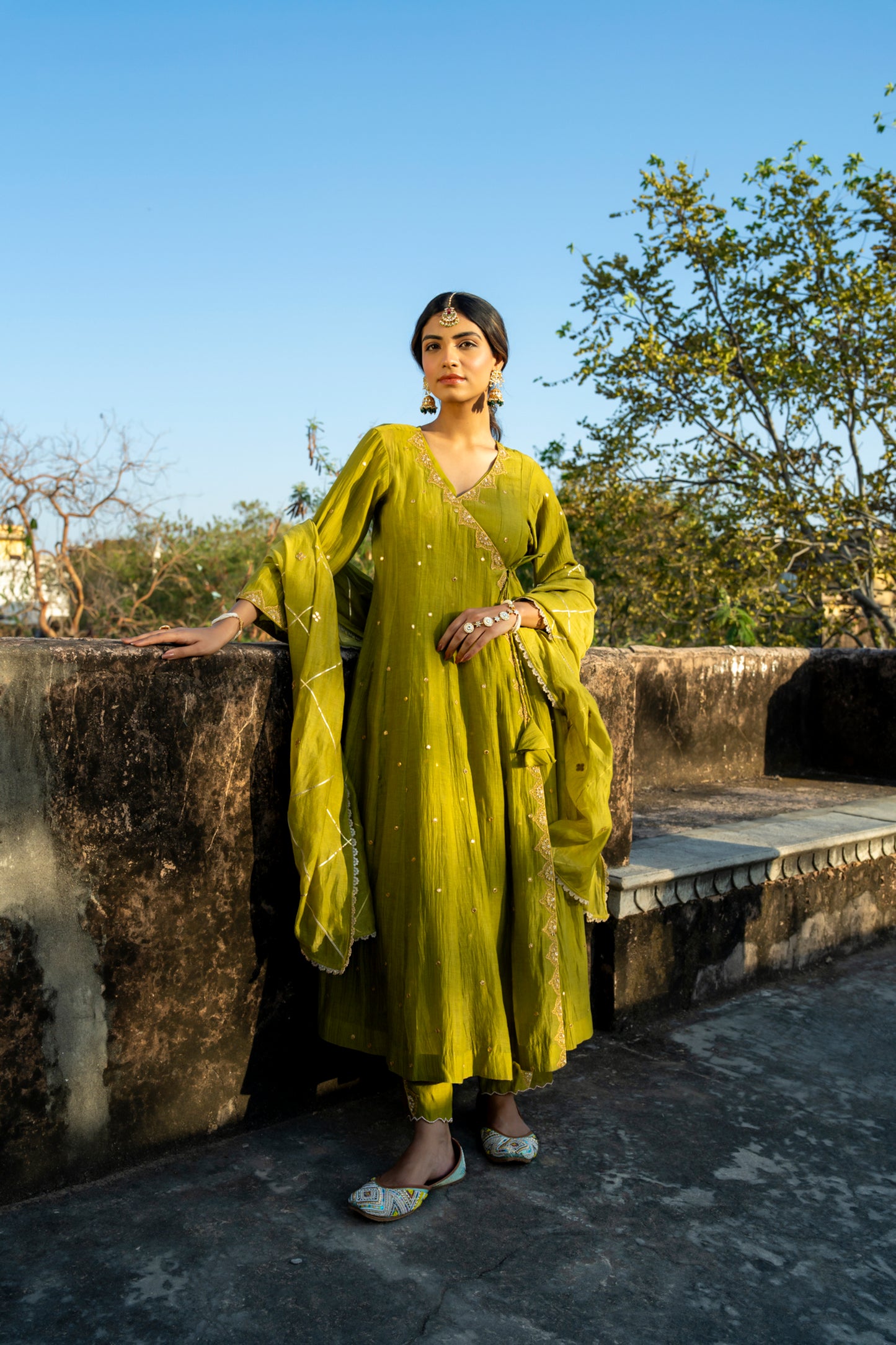Green Chanderi Angrakha set with Dabka work