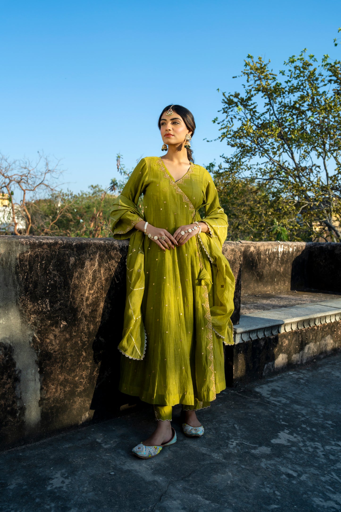 Green Chanderi Angrakha set with Dabka work